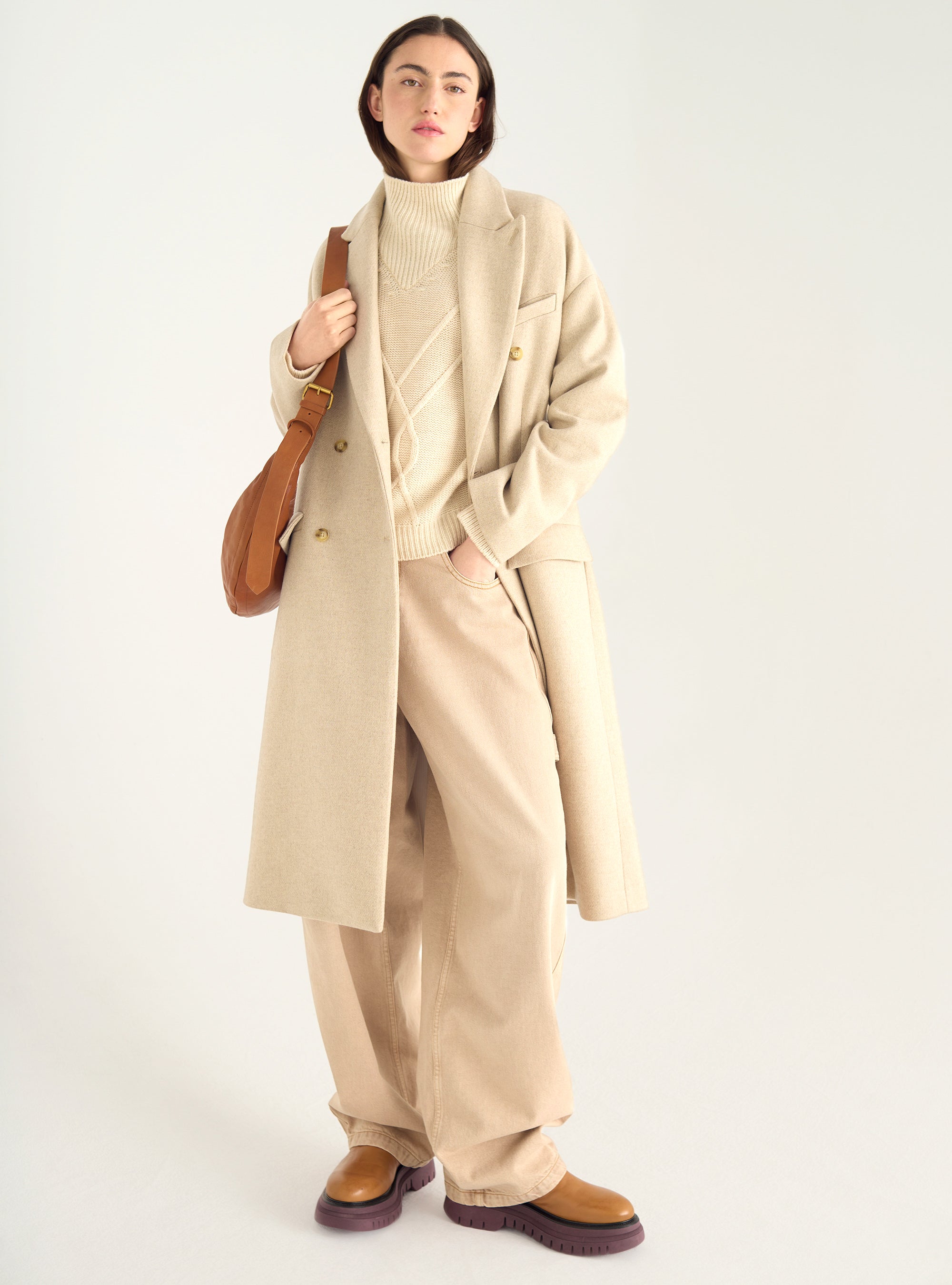 Long double-breasted coat in recycled wool cloth