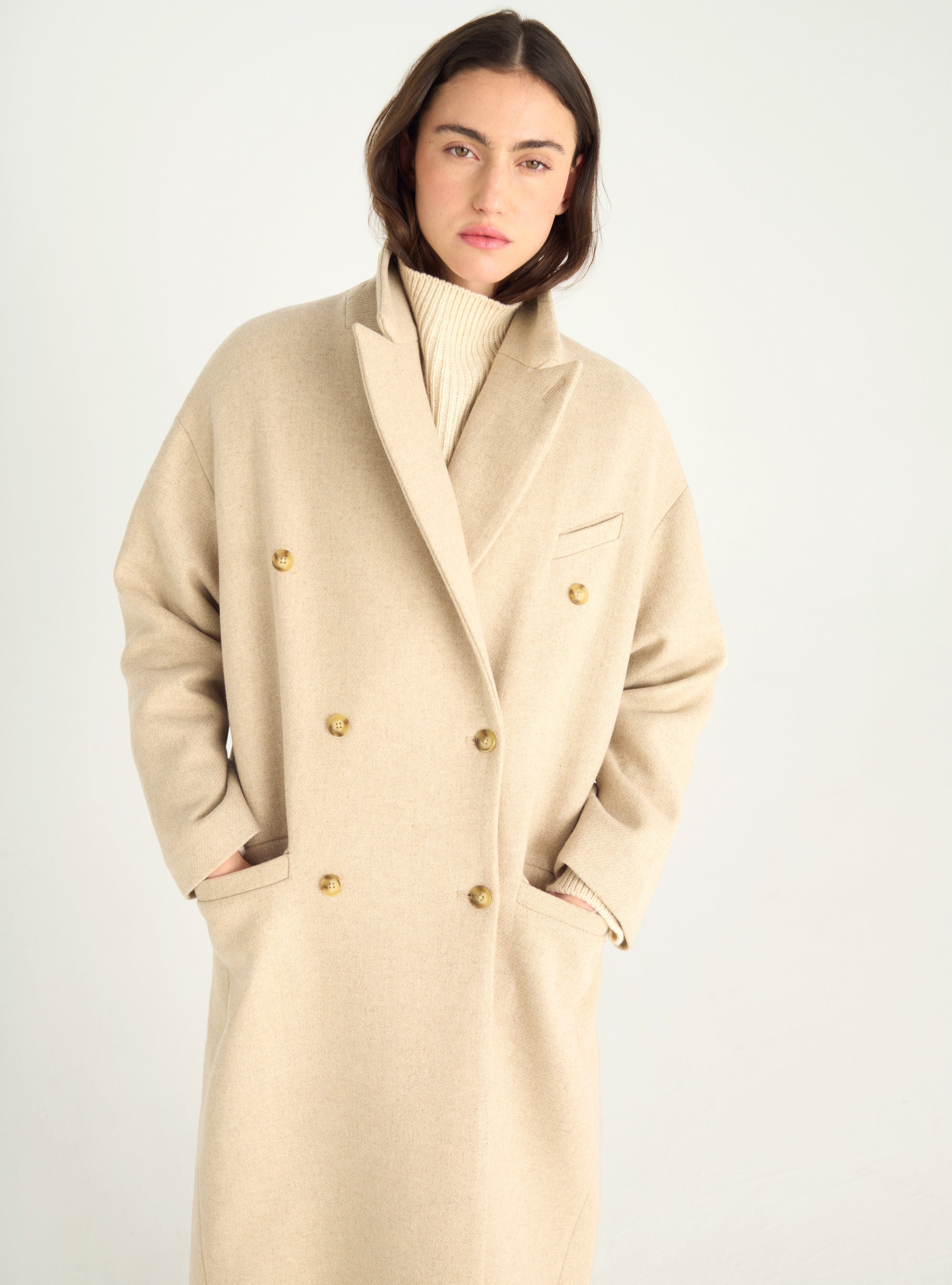 Long double-breasted coat in recycled wool cloth