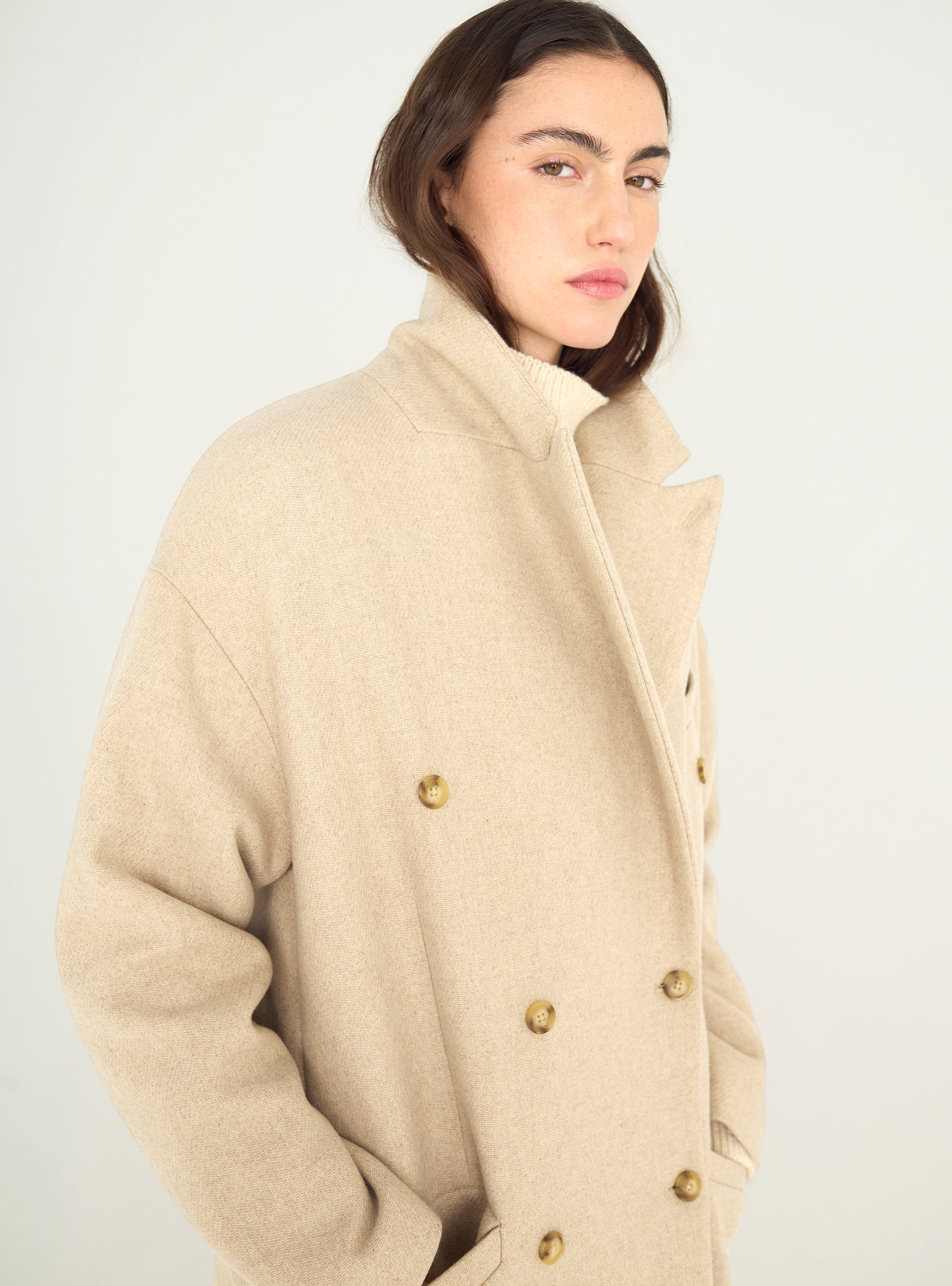 Long double-breasted coat in recycled wool cloth