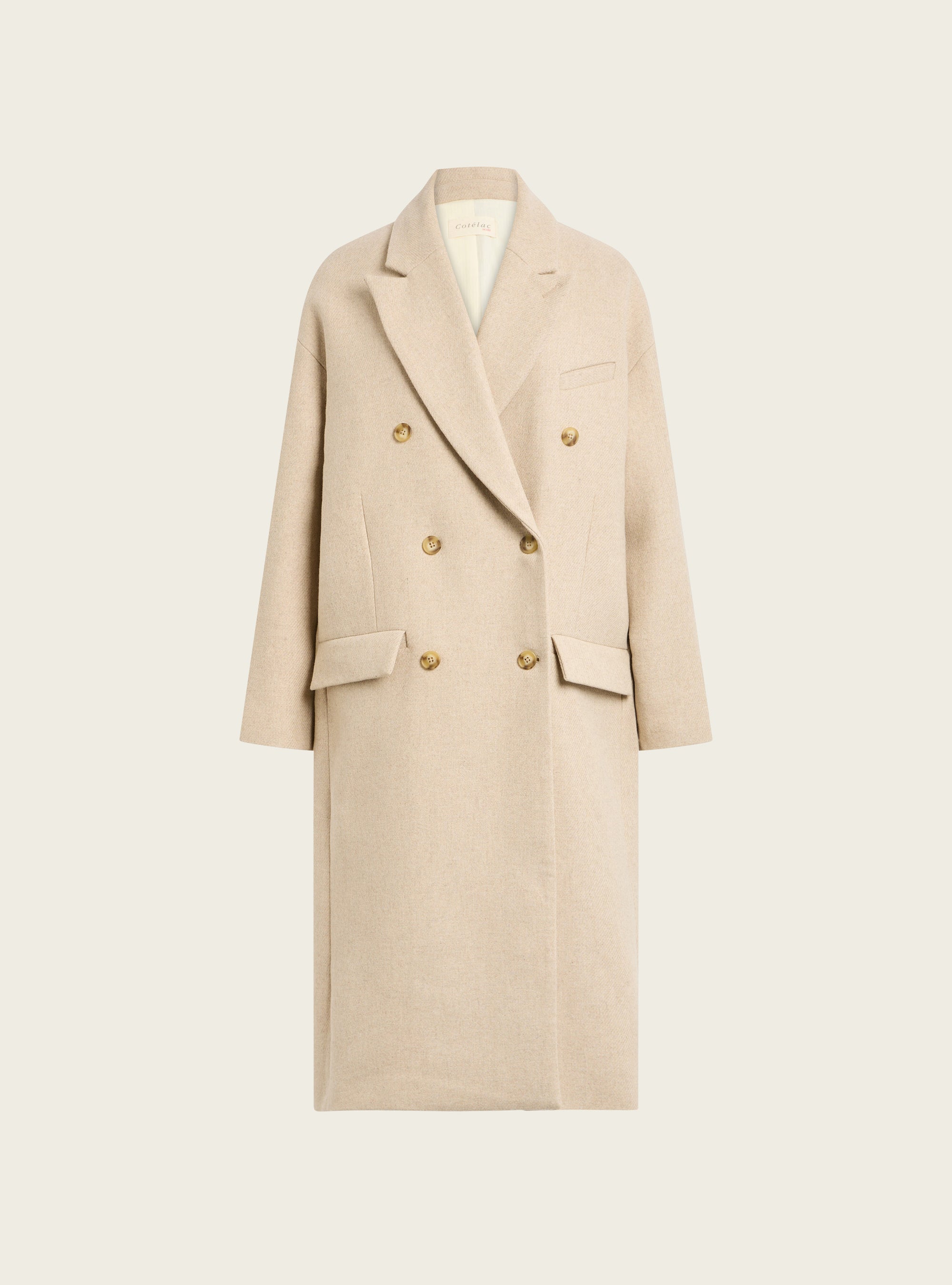 Long double-breasted coat in recycled wool cloth