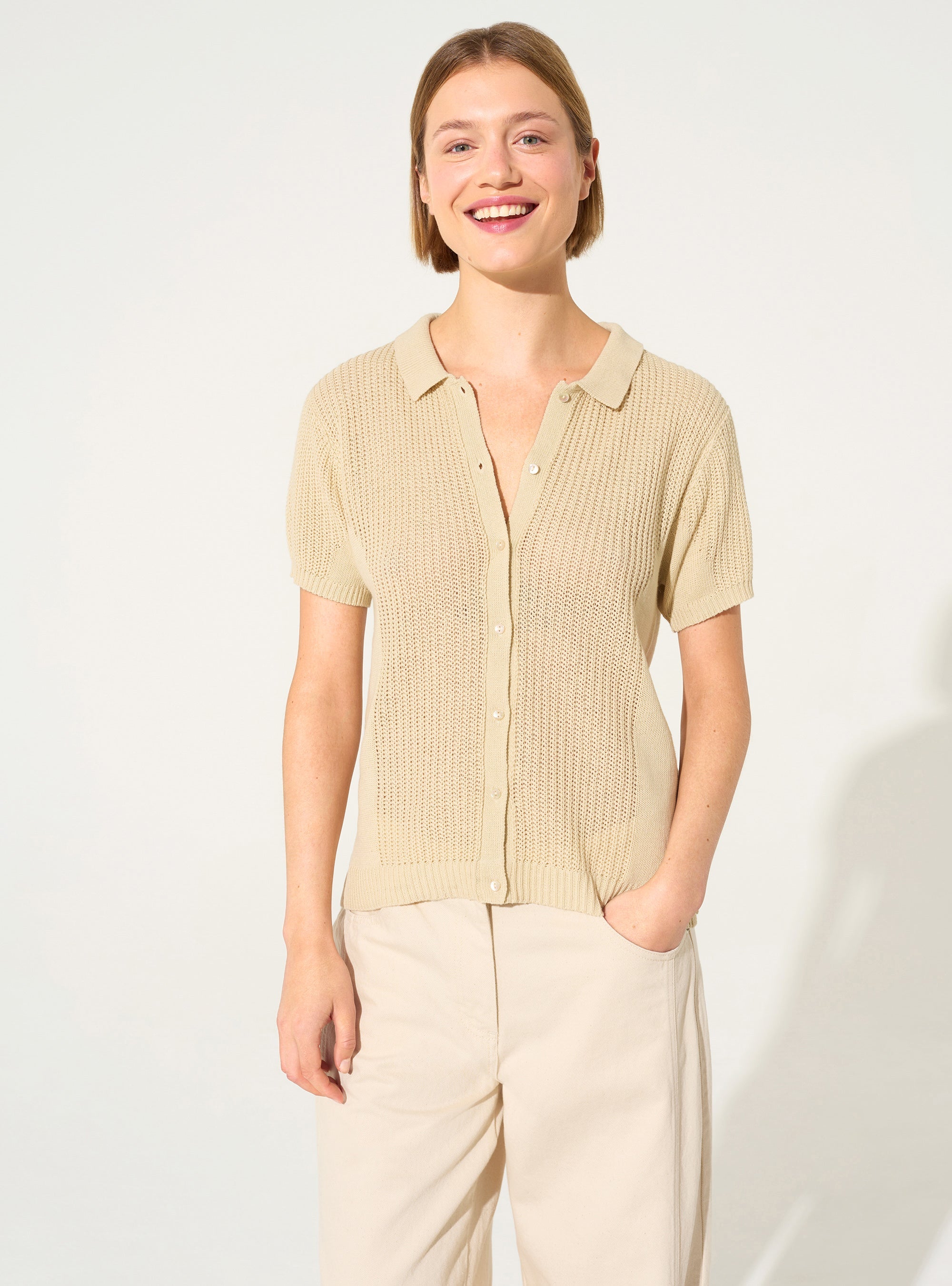 Polo shirt in cotton and ecru linen