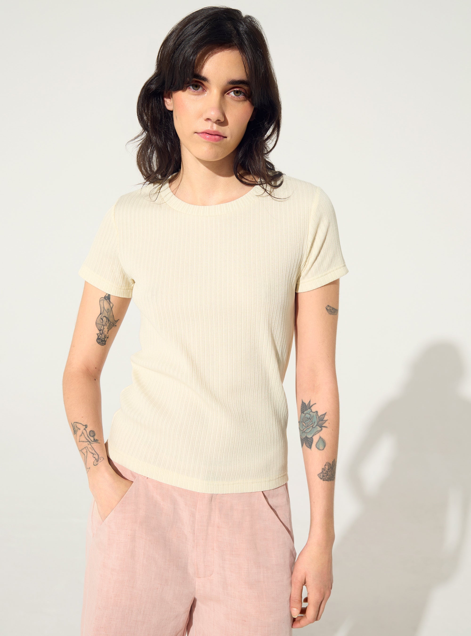 White cotton pleated fitted T-shirt