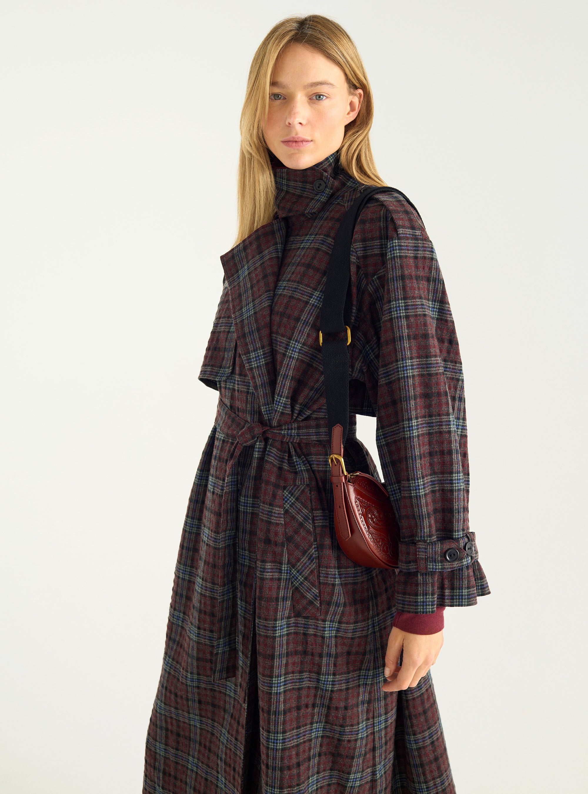 Wool & cotton checked trench coat