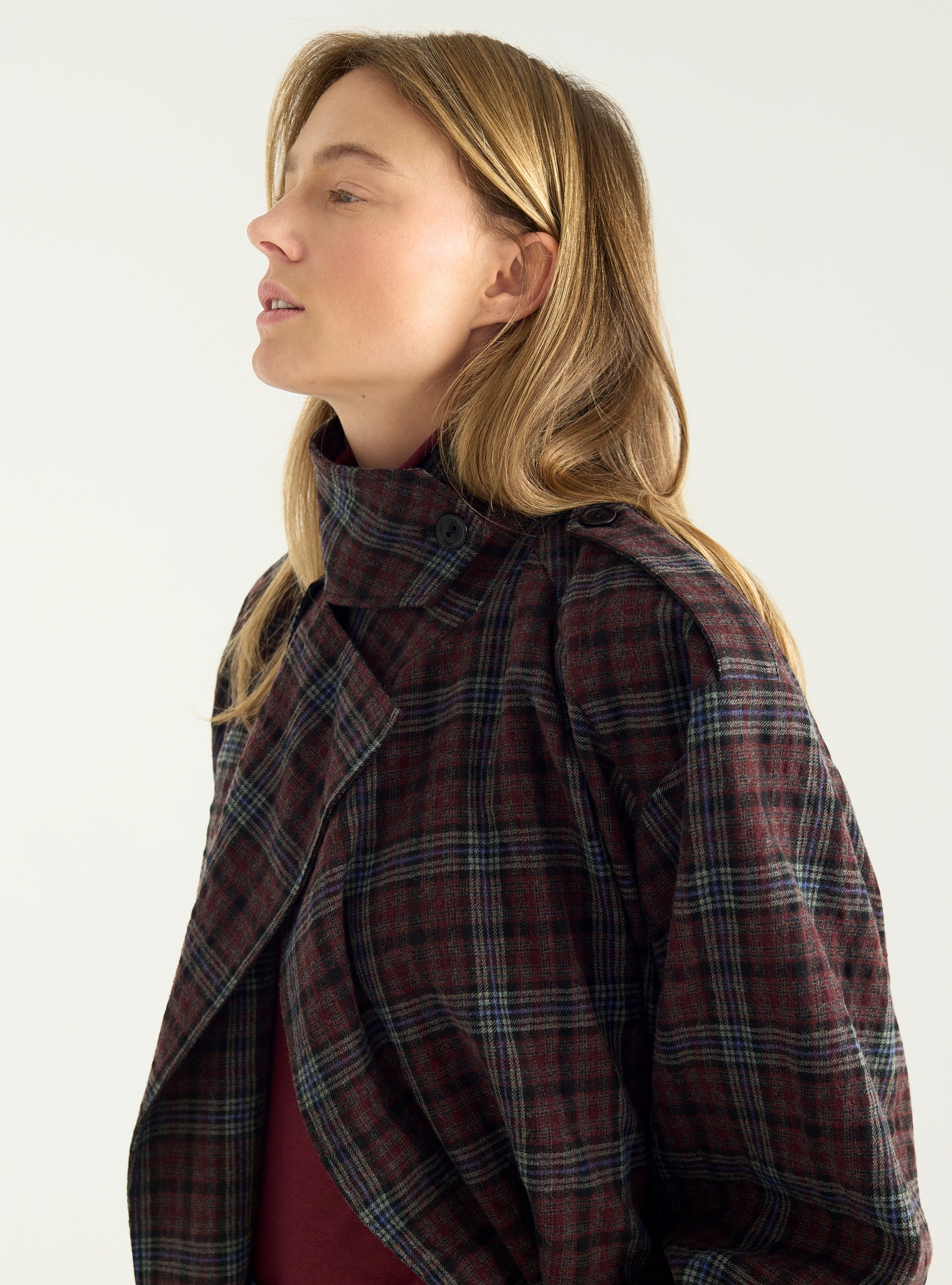 Wool & cotton checked trench coat