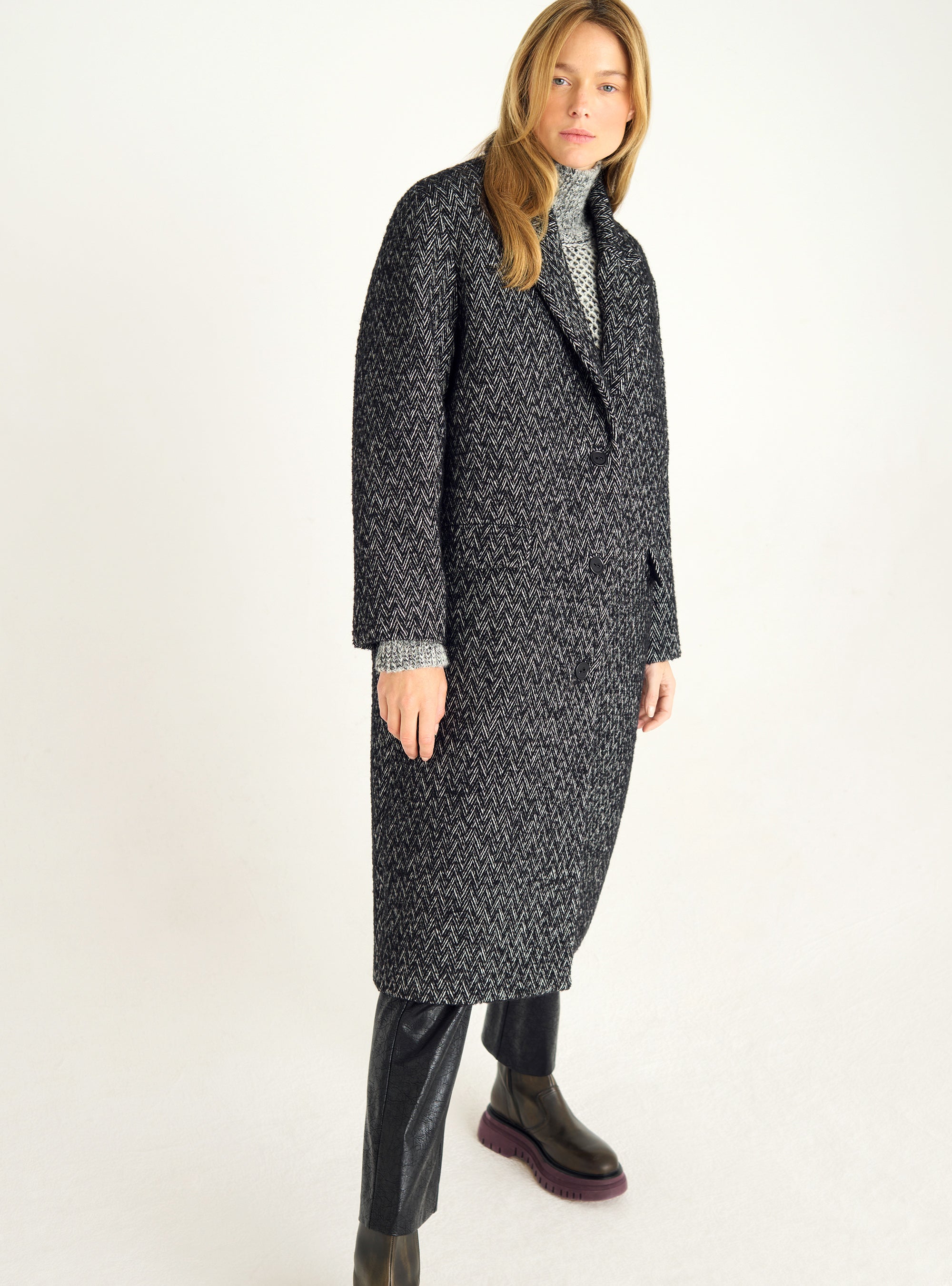 Long wool herringbone coat