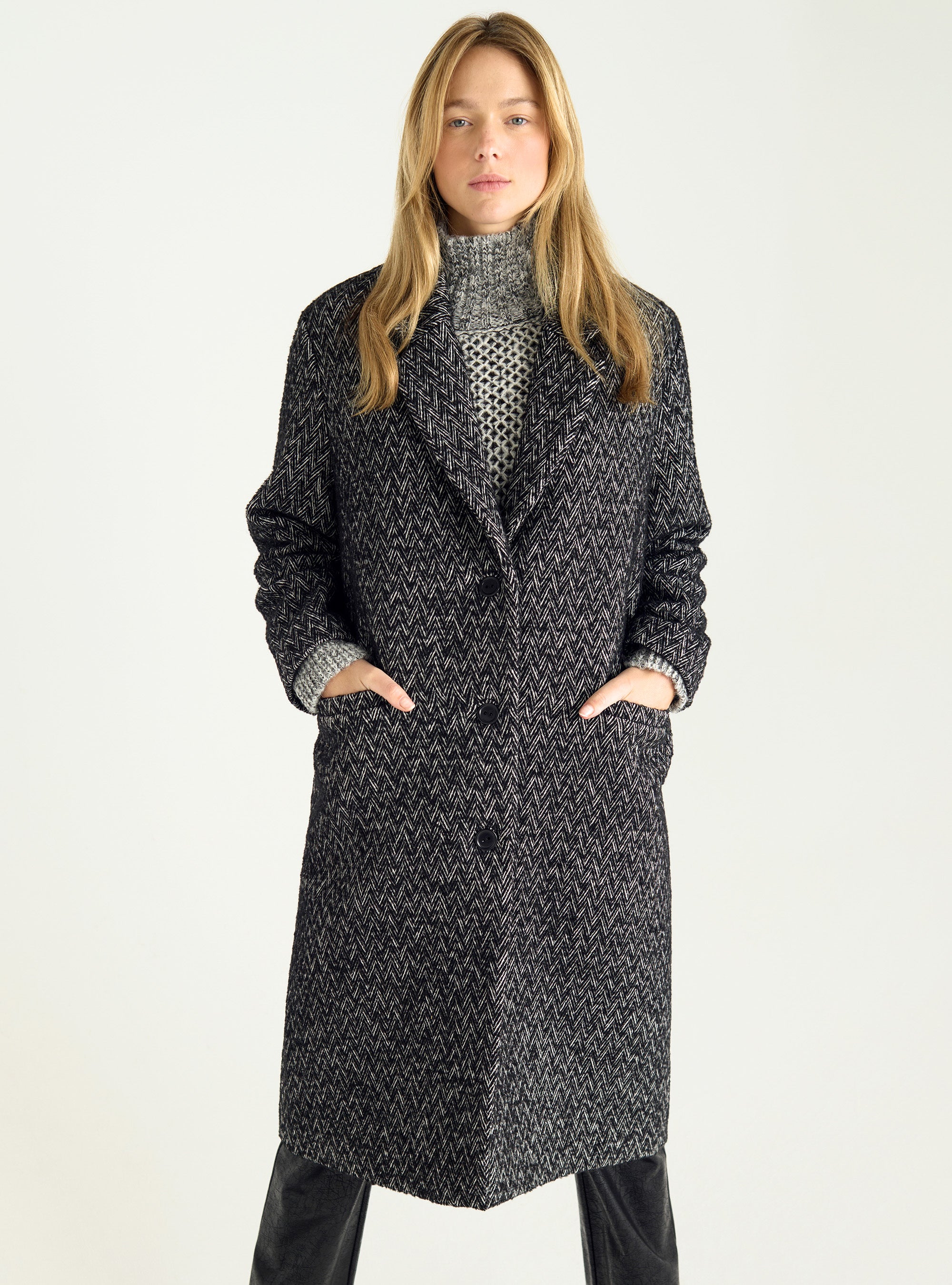 Long wool herringbone coat
