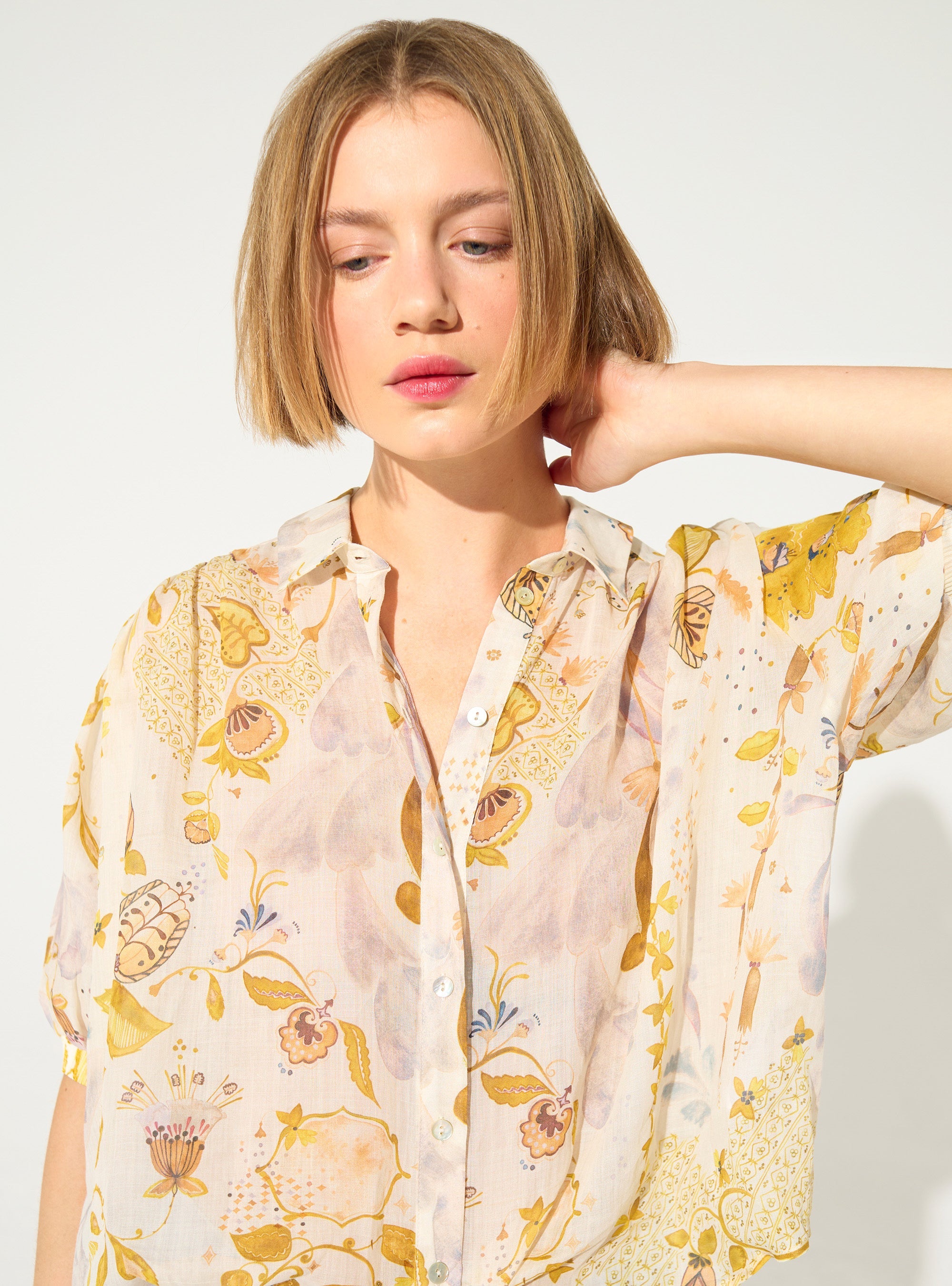 Oversized xxl white printed pleated blouse
