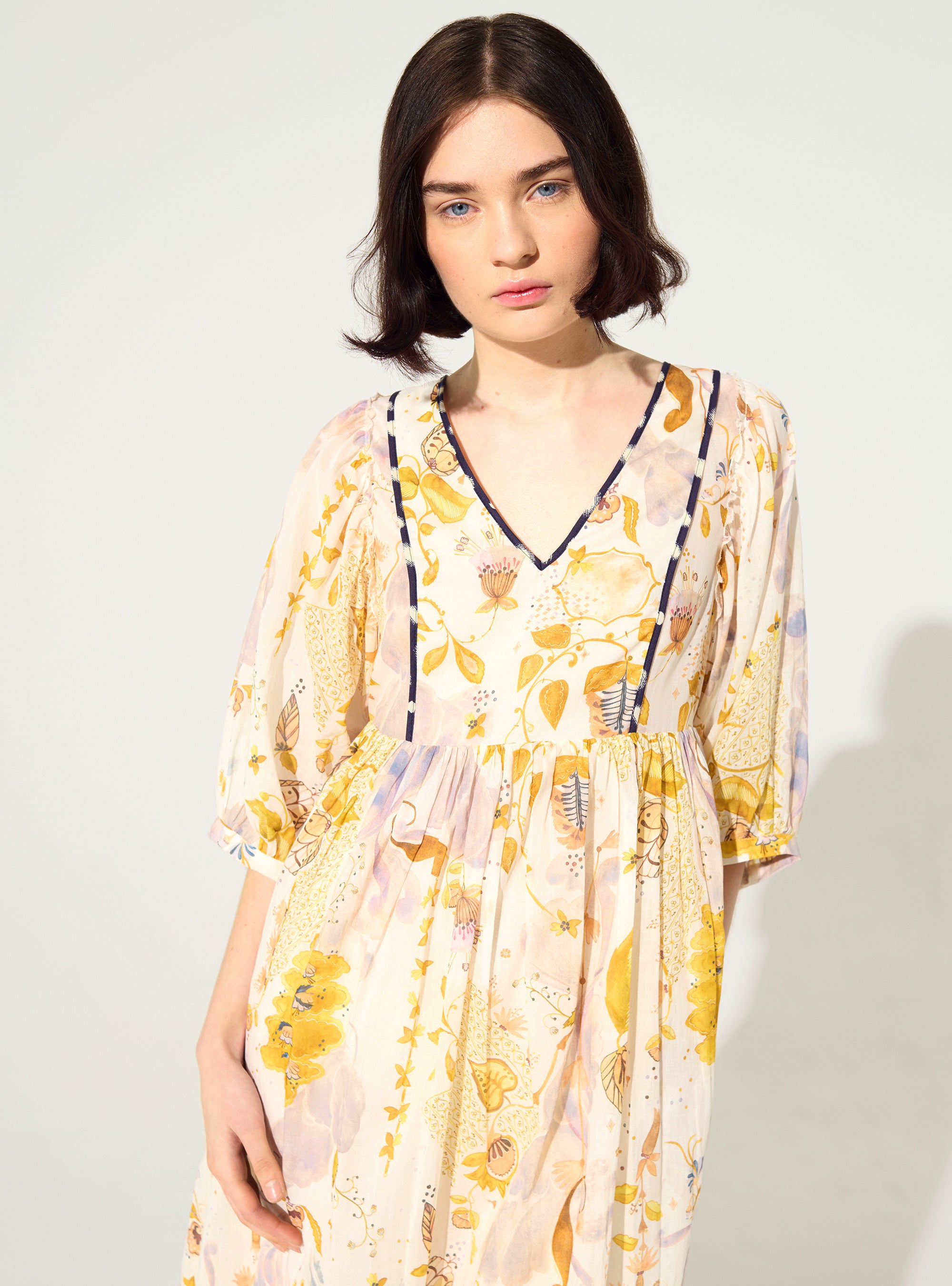 Loose printed white cotton dress