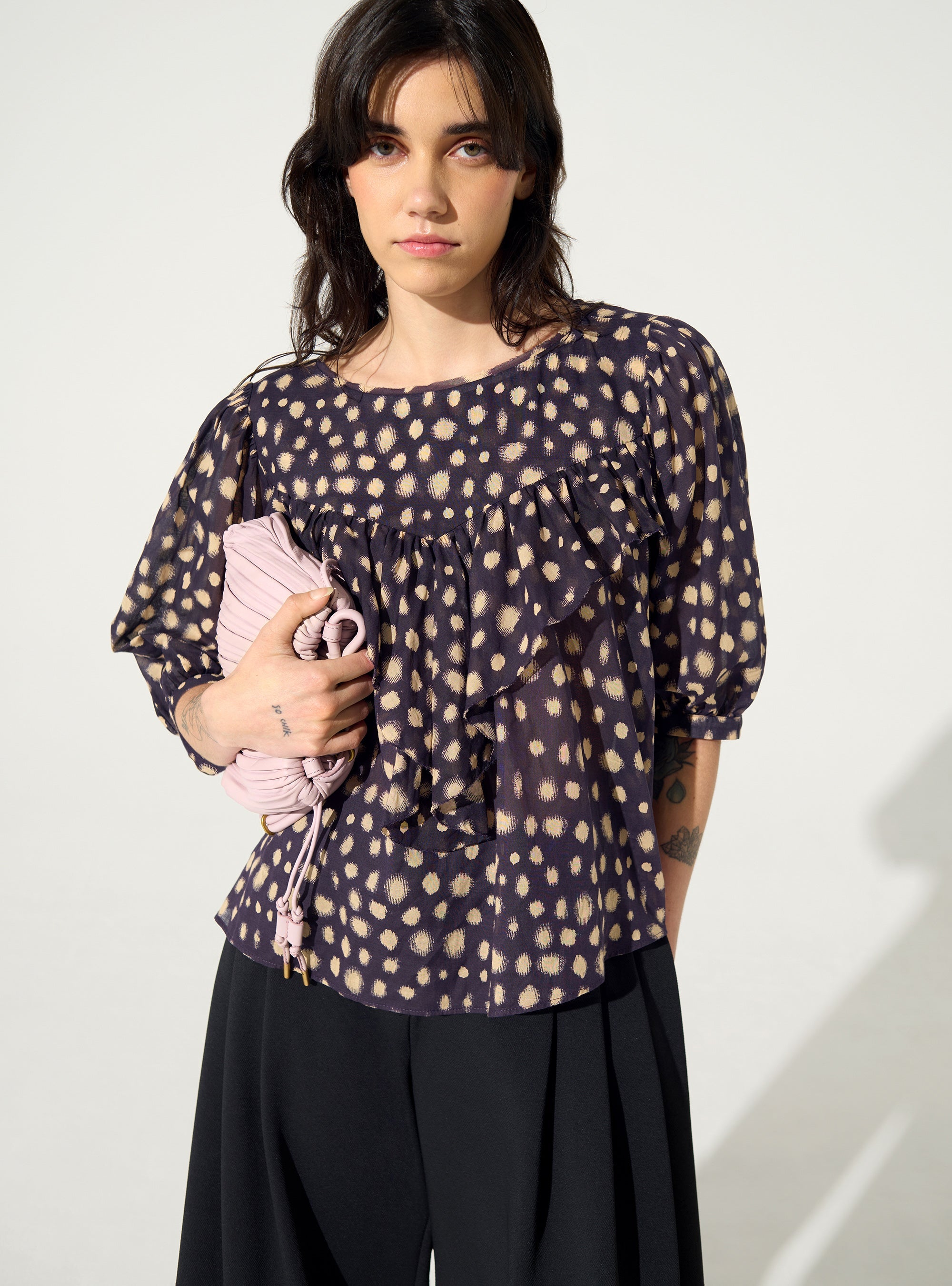 Oversized blouse with purple cotton house print