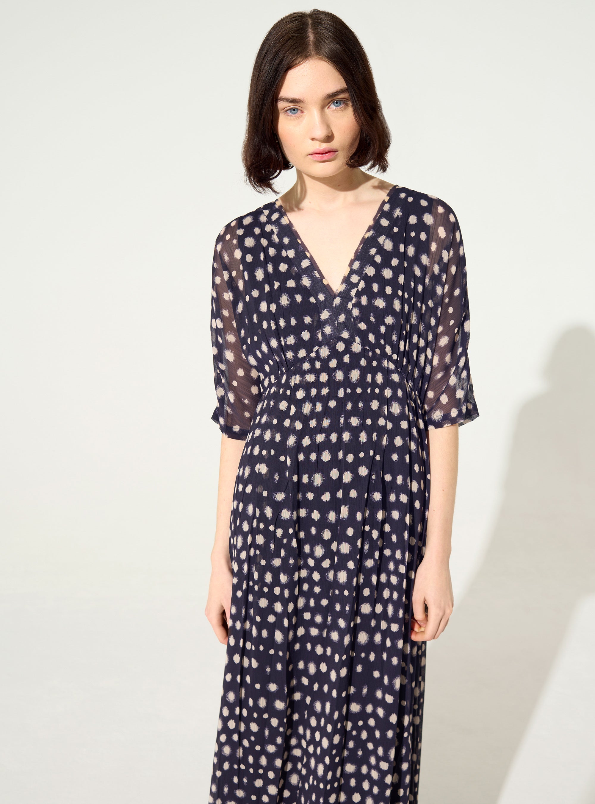 Purple house print pleated fitted dress