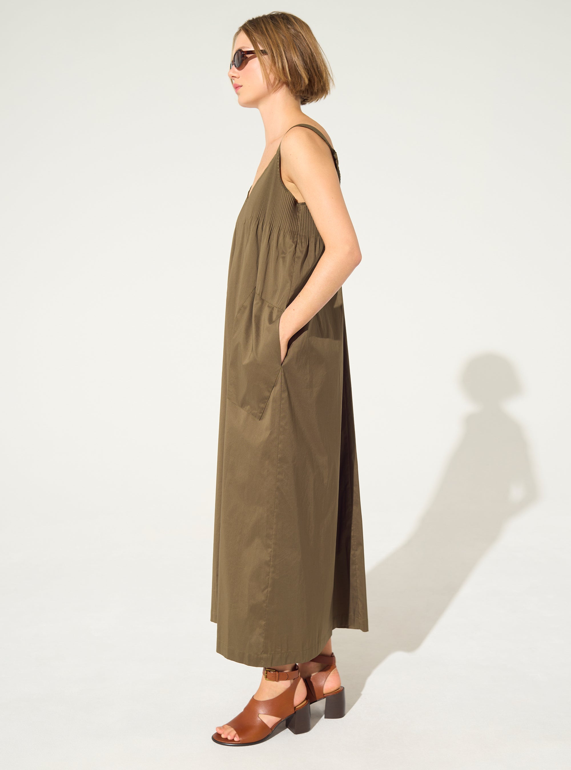 Khaki pleated maxi dress