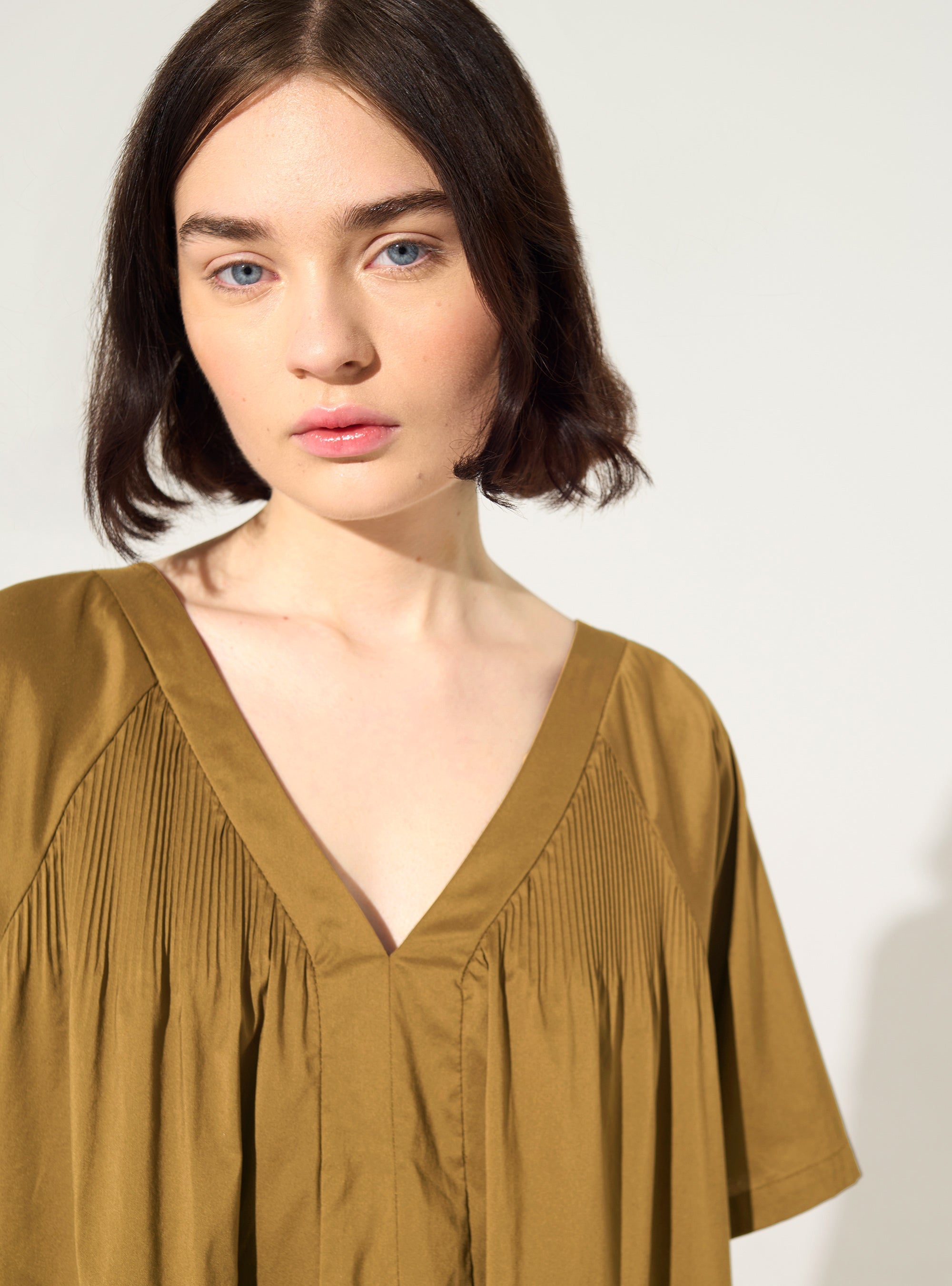 Short-sleeved pleated dress in brown cotton