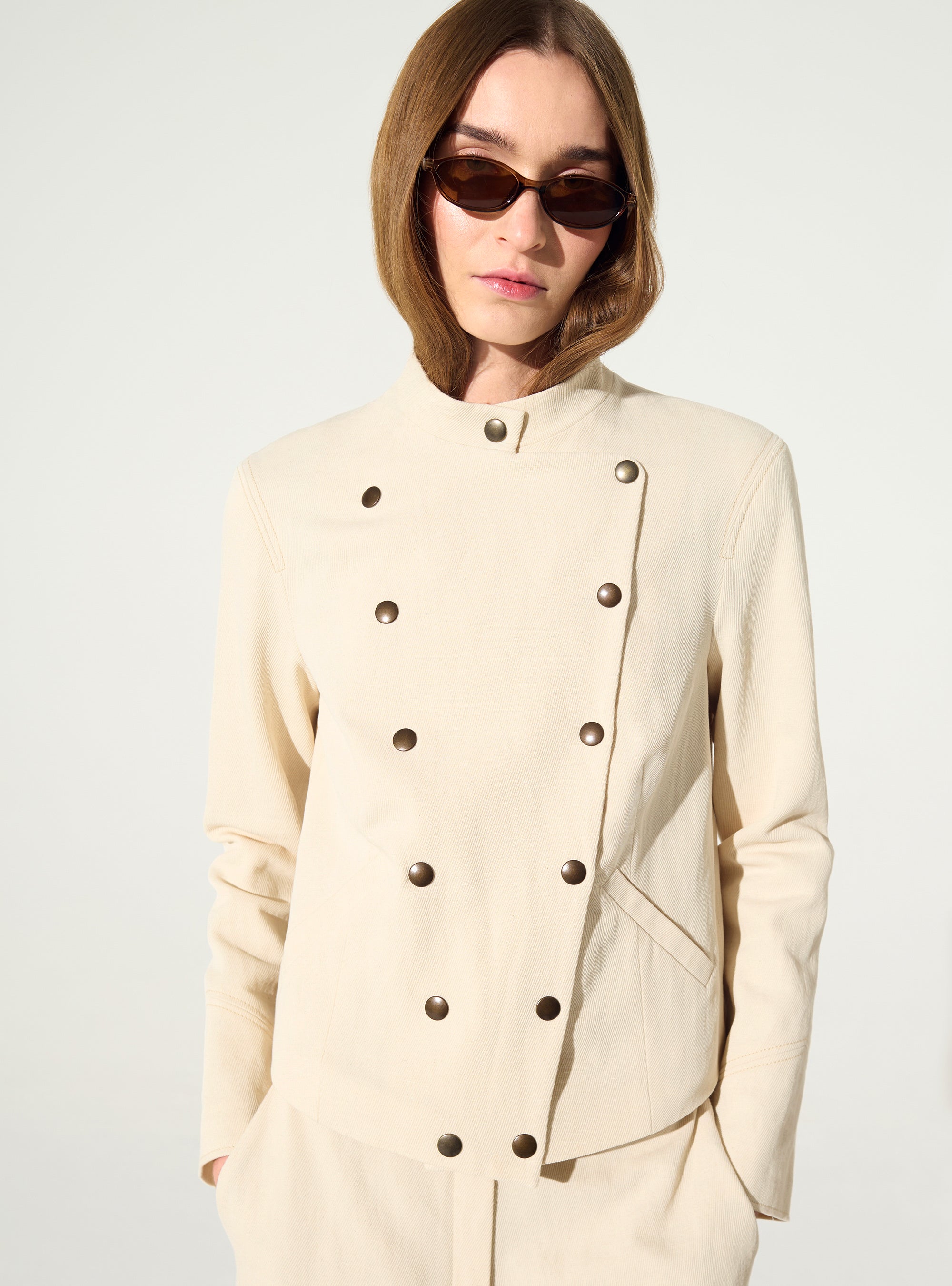 Fitted printed jacket in cotton and white linen