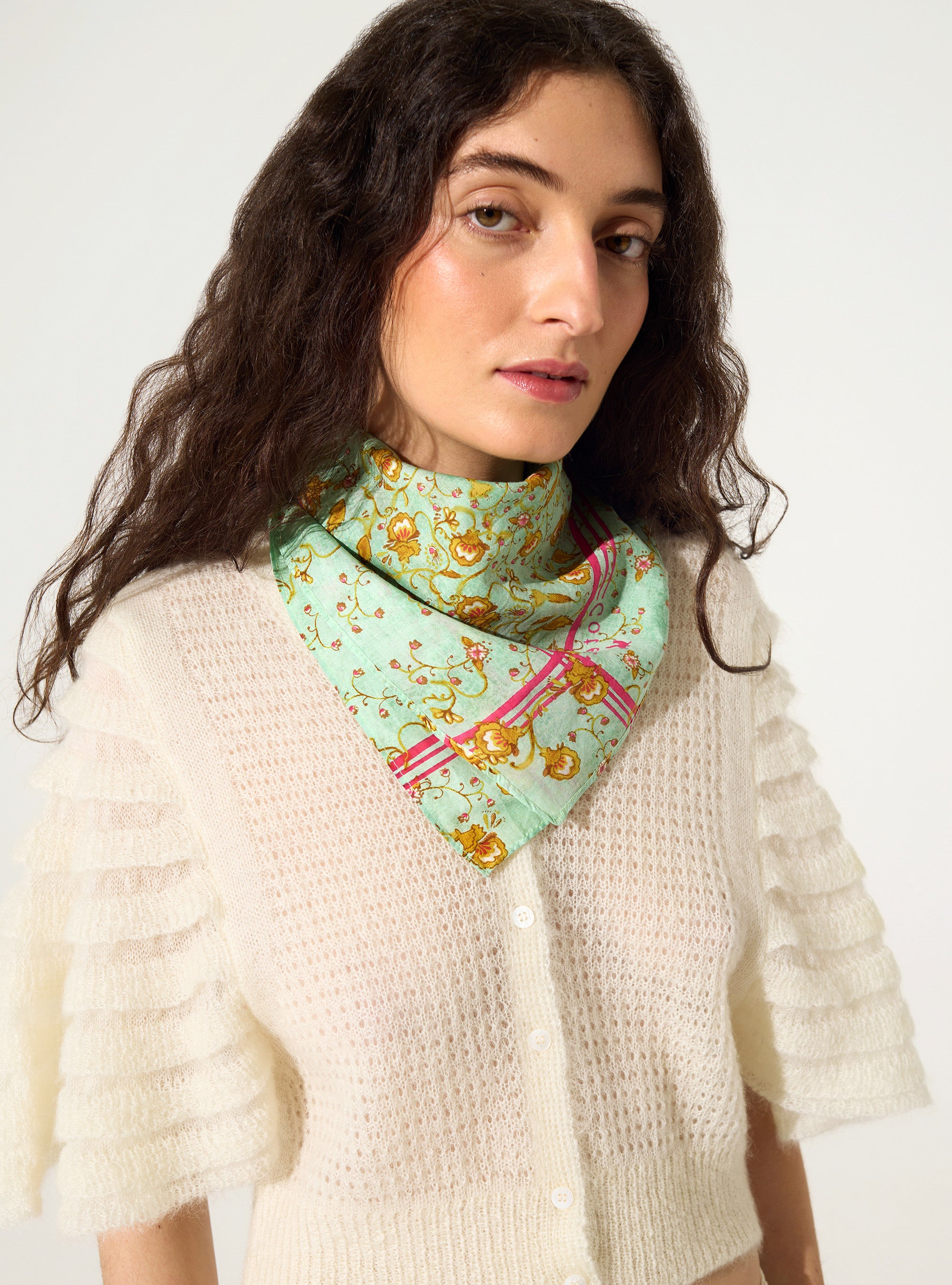 Green cotton and silk bandana-style scarf