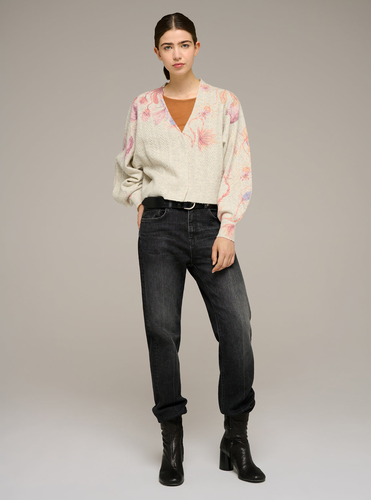 Printed long-sleeve V-neck cardigan