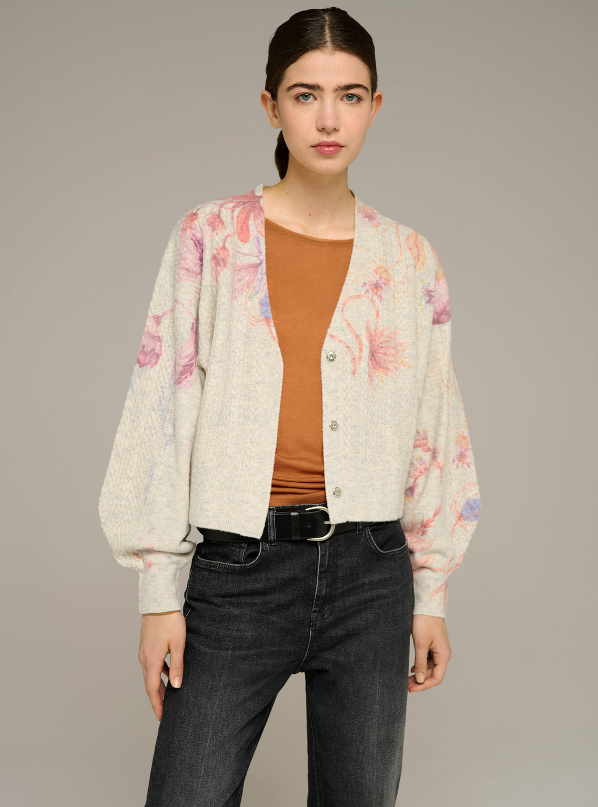Printed long-sleeve V-neck cardigan