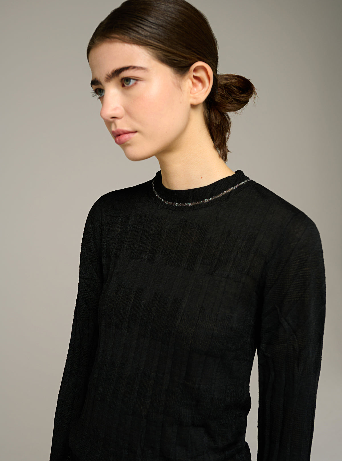 Pleated fitted long-sleeve crewneck sweater