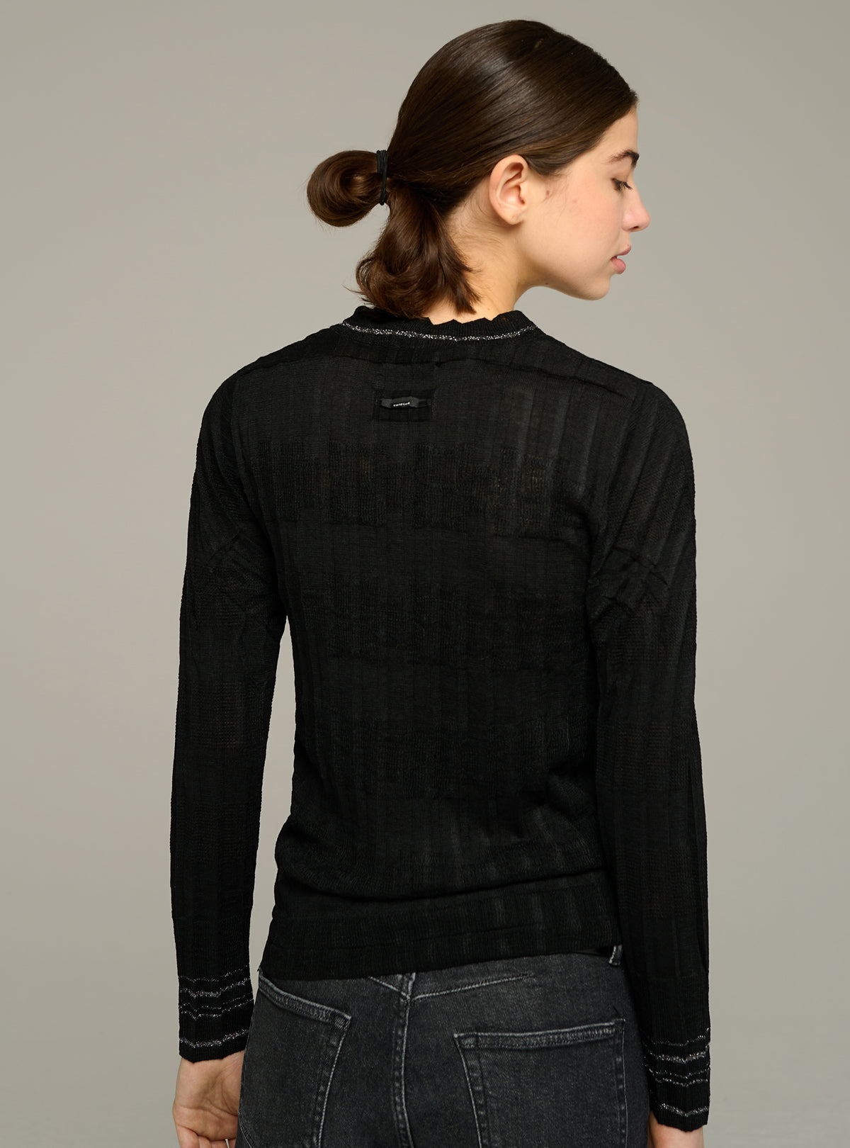 Pleated fitted long-sleeve crewneck sweater