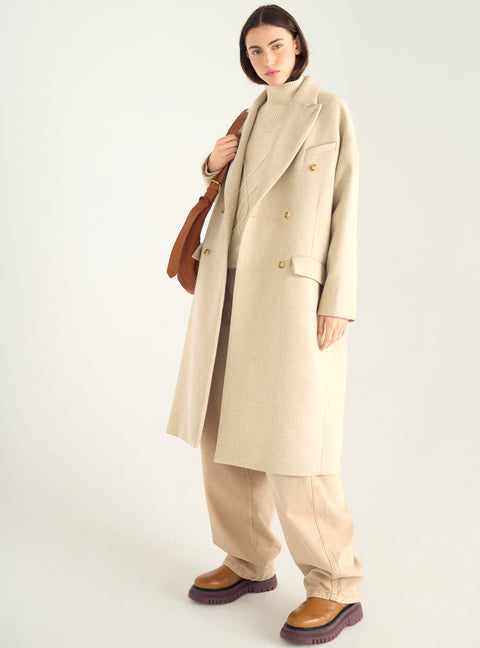 Long double-breasted coat in recycled wool cloth