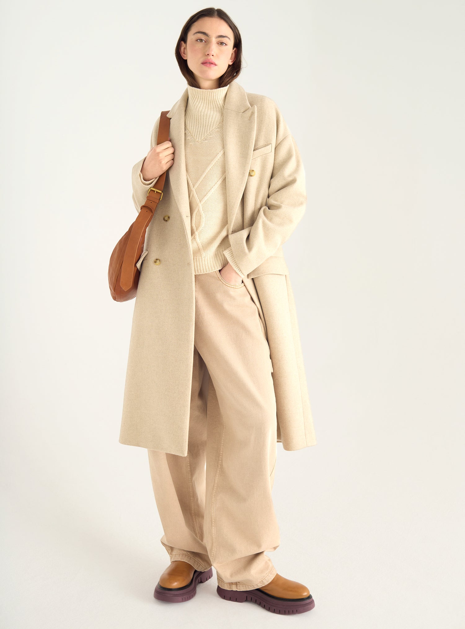 Long double-breasted coat in recycled wool cloth