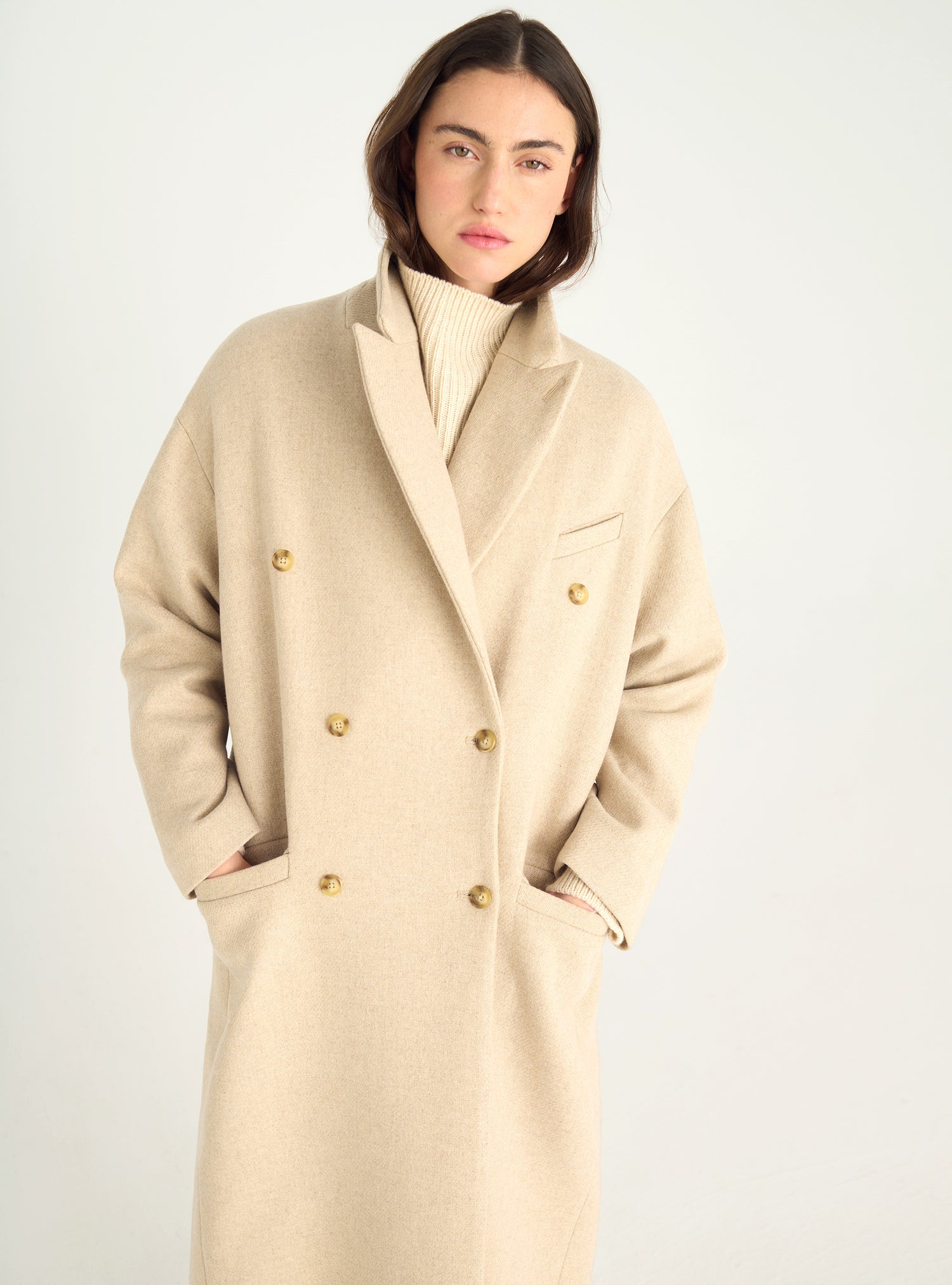 Long double-breasted coat in recycled wool cloth