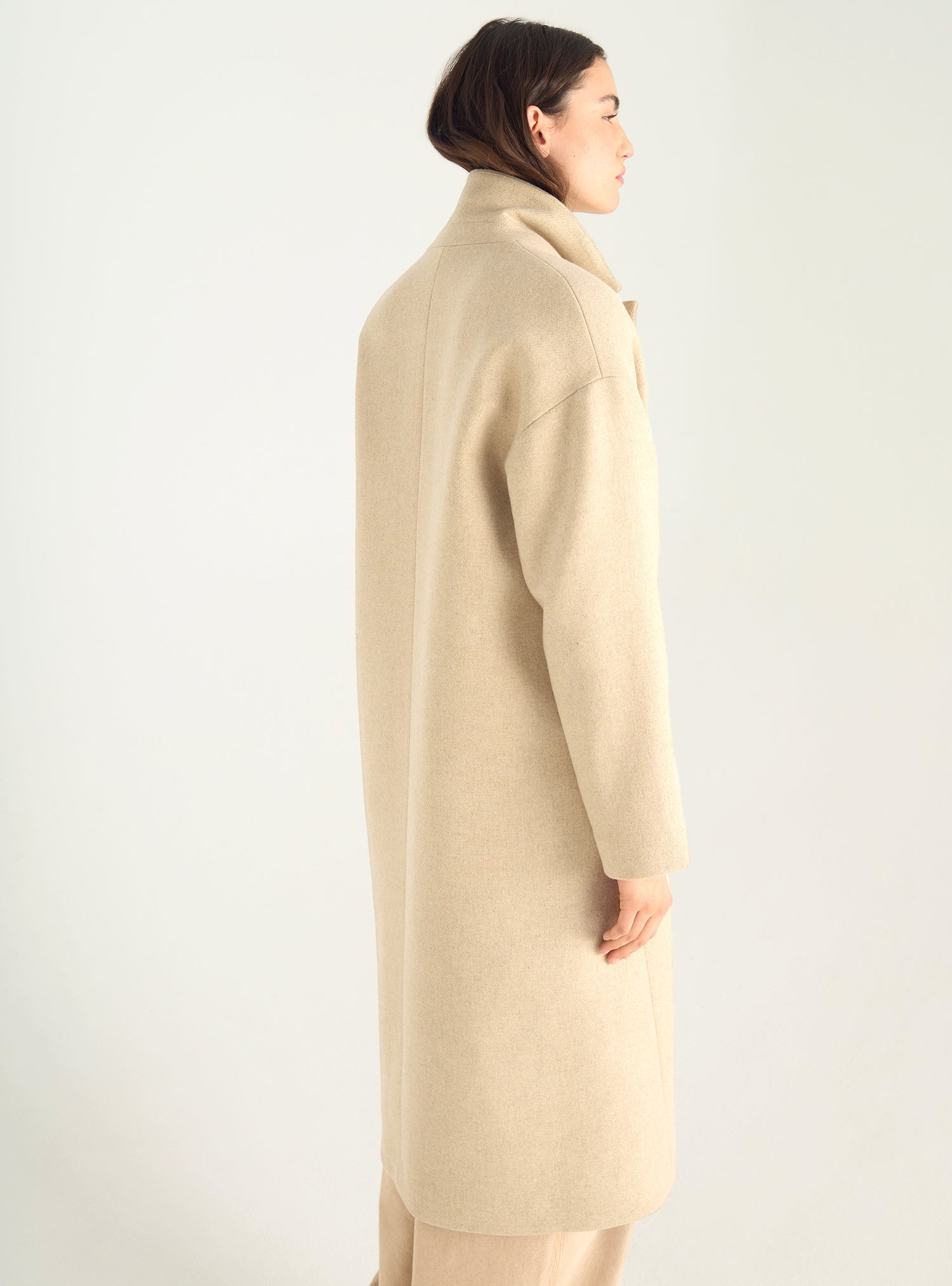 Long double-breasted coat in recycled wool cloth