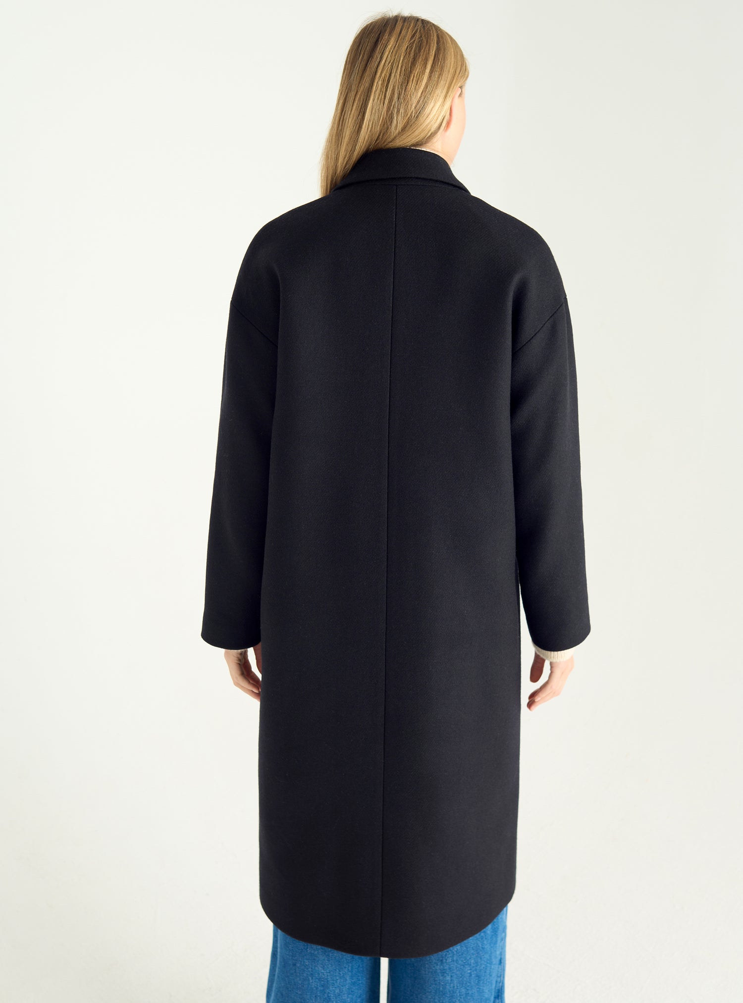 Long double-breasted coat in recycled wool cloth