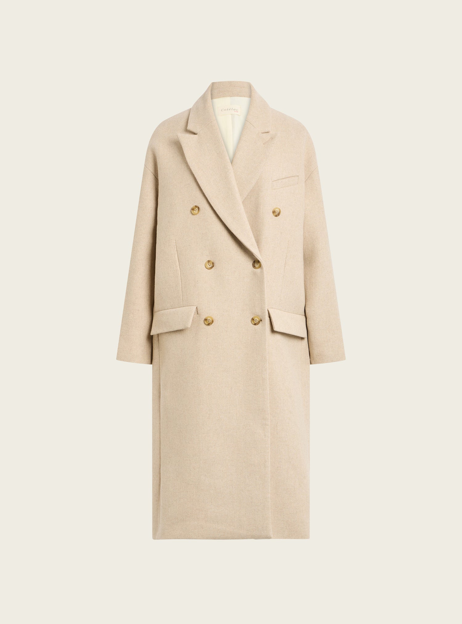 Long double-breasted coat in recycled wool cloth