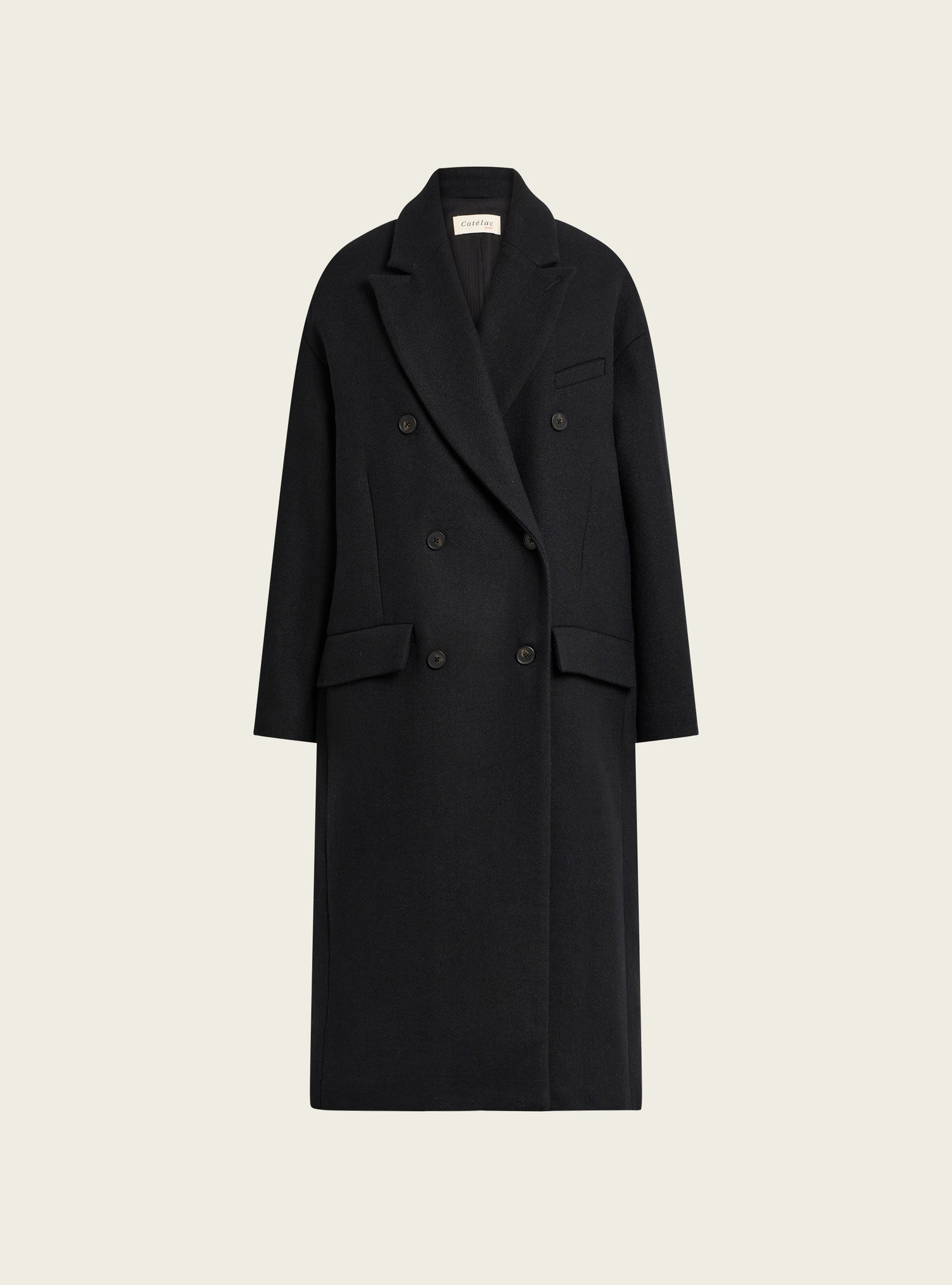 Long double-breasted coat in recycled wool cloth