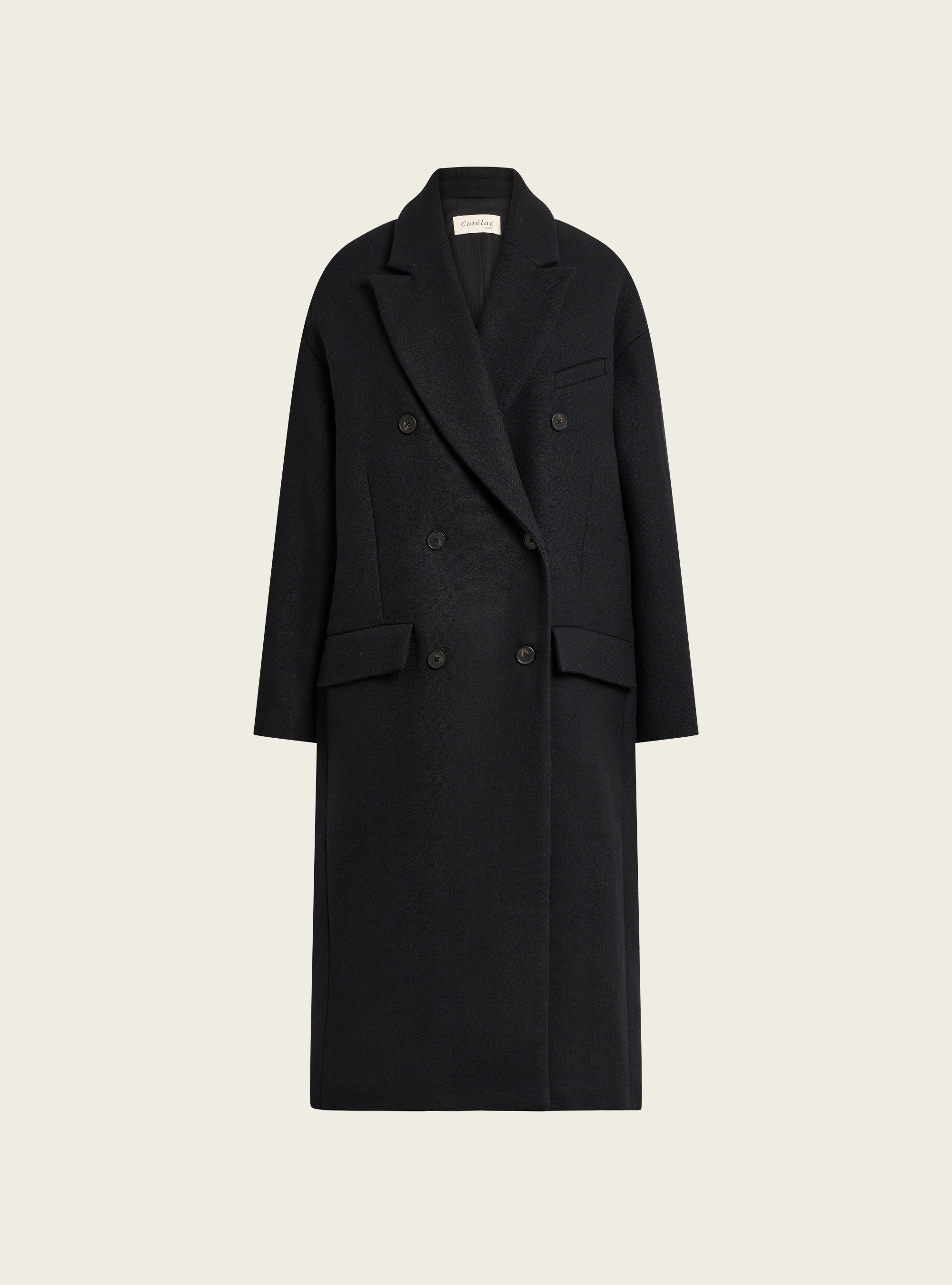 Long double-breasted coat in recycled wool cloth