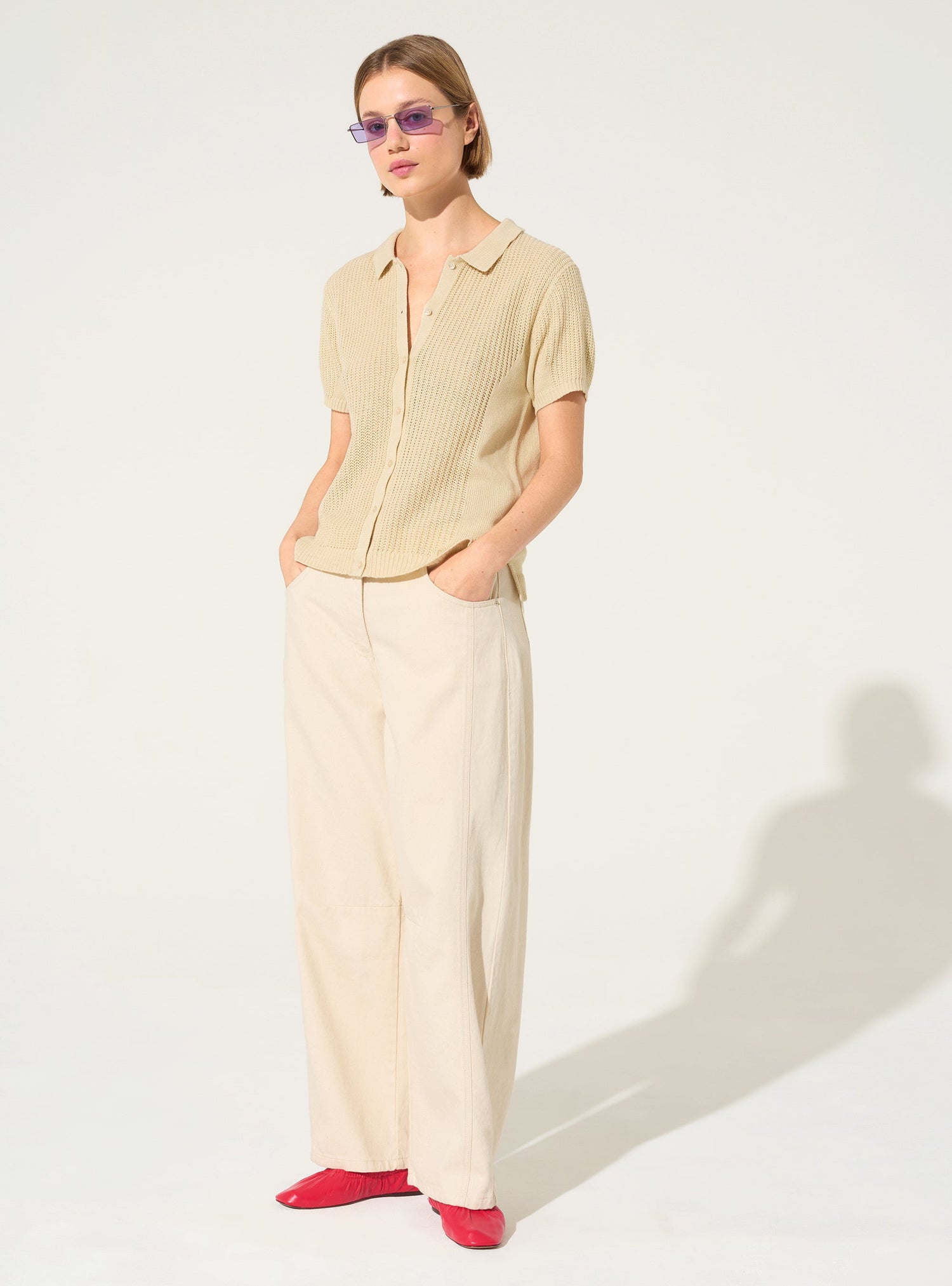 Polo shirt in cotton and ecru linen