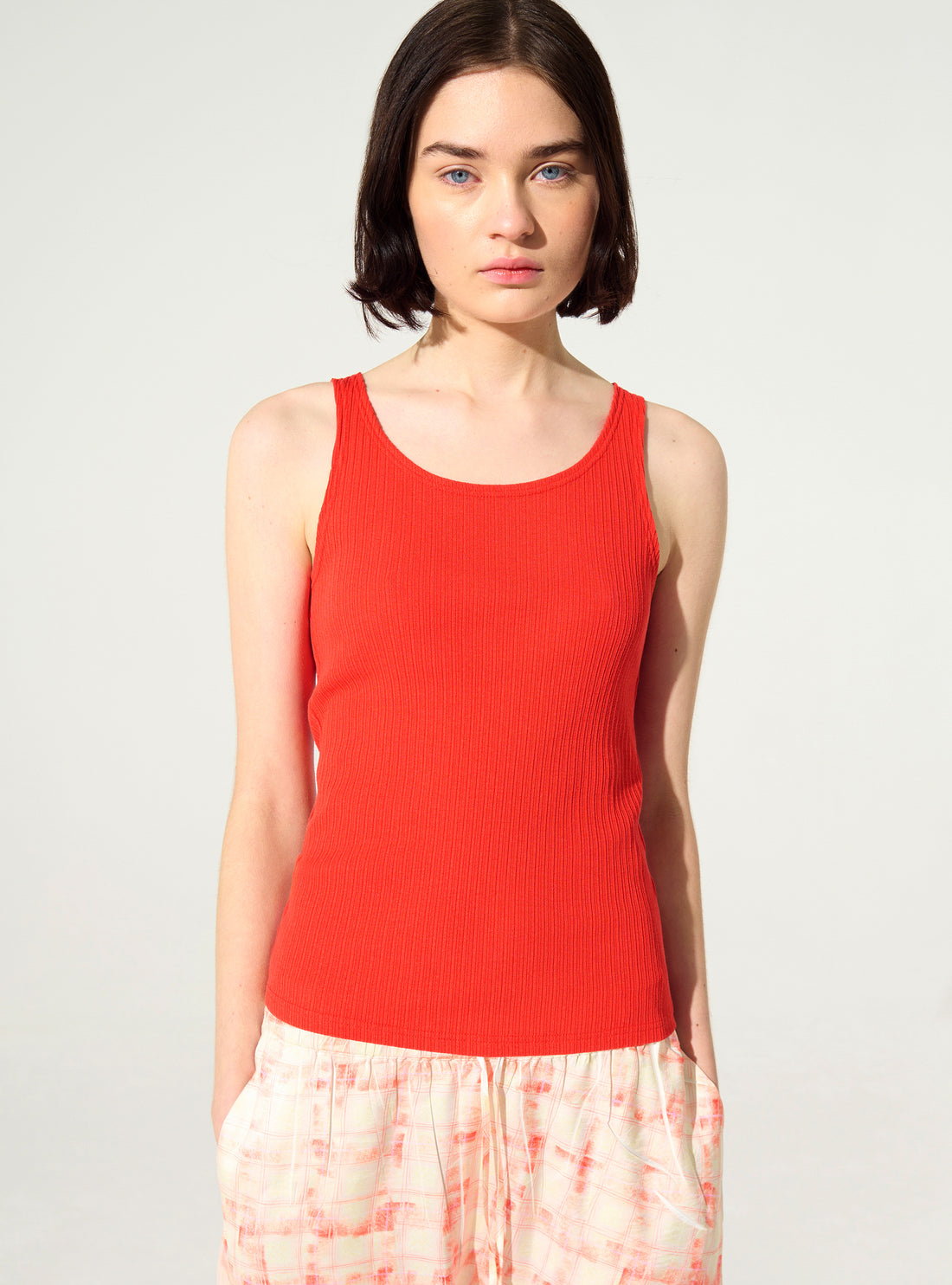 Red Cotton Pleated Fitted Tank Top