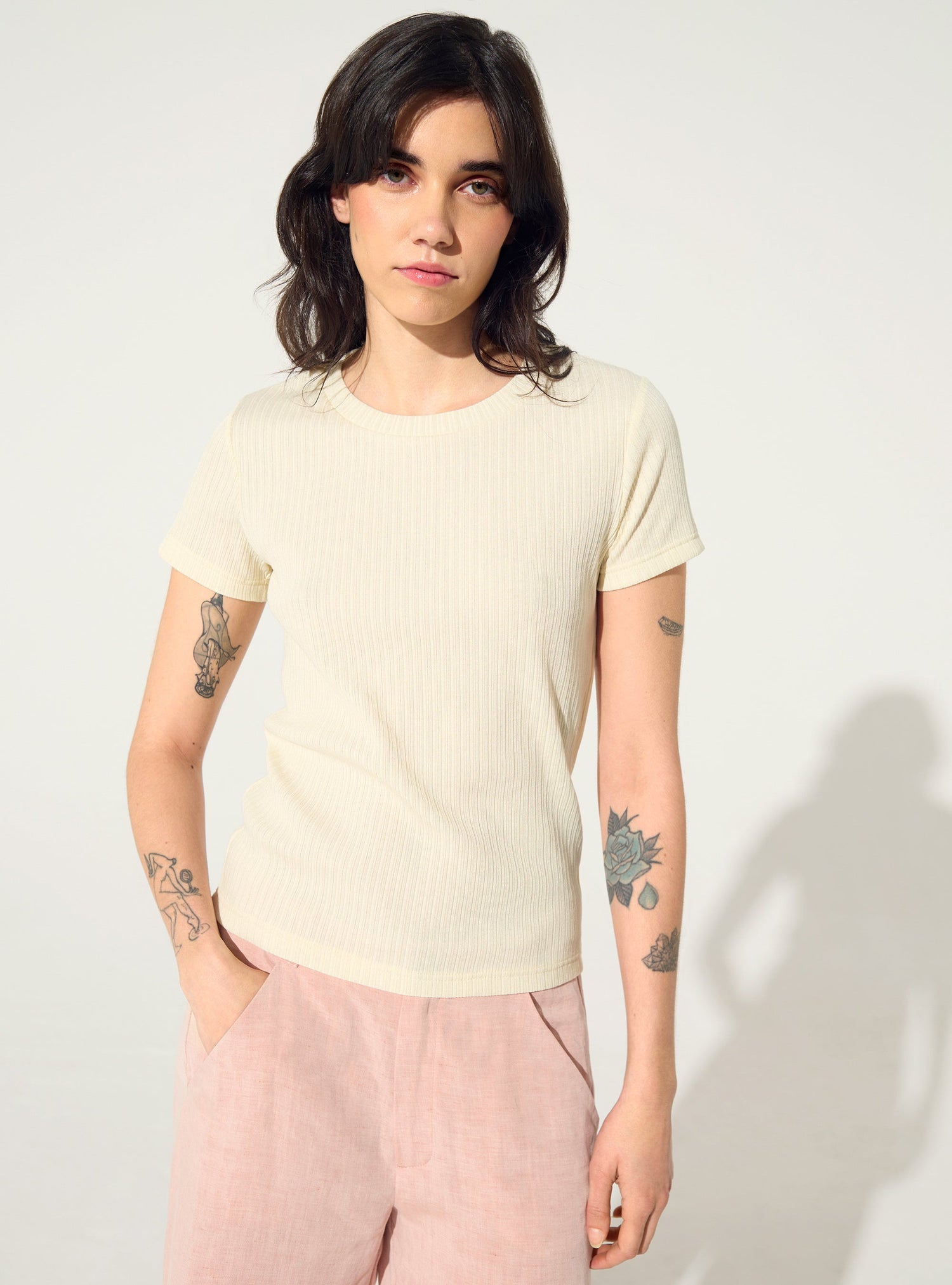White cotton pleated fitted T-shirt