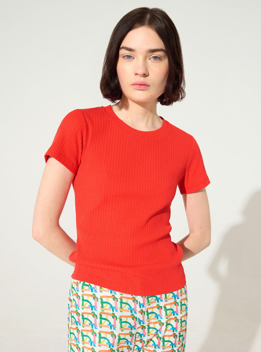 Fitted pleated cotton t-shirt red