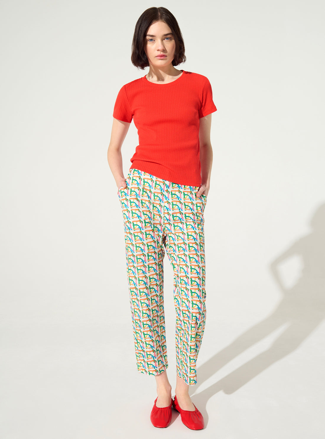 Fitted pleated cotton t-shirt red