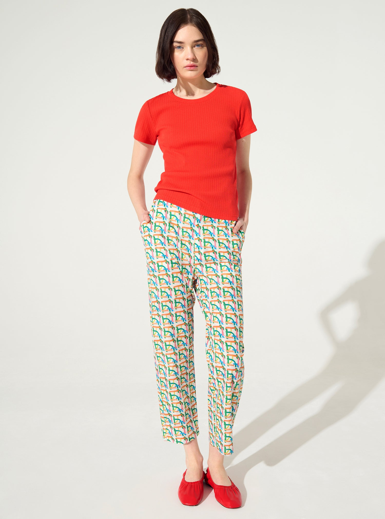 Fitted pleated cotton t-shirt red