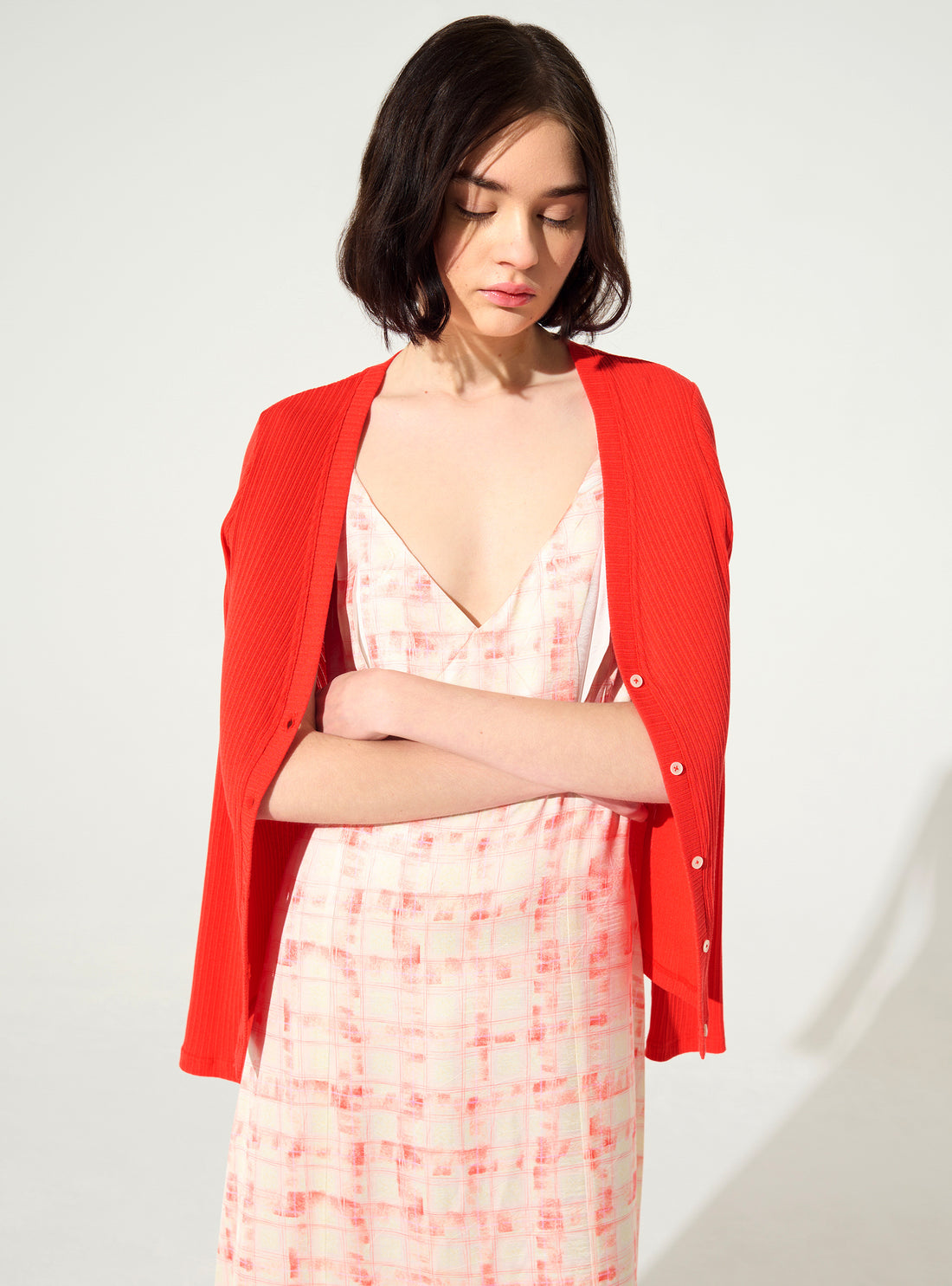 Red Cotton Pleated Fitted Cardigan