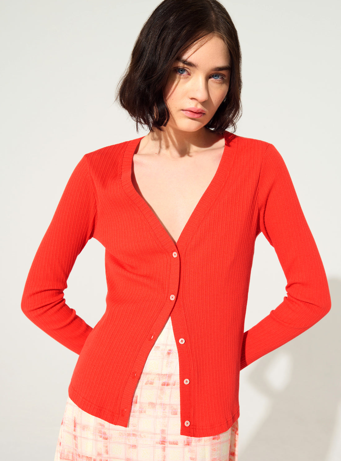 Red Cotton Pleated Fitted Cardigan