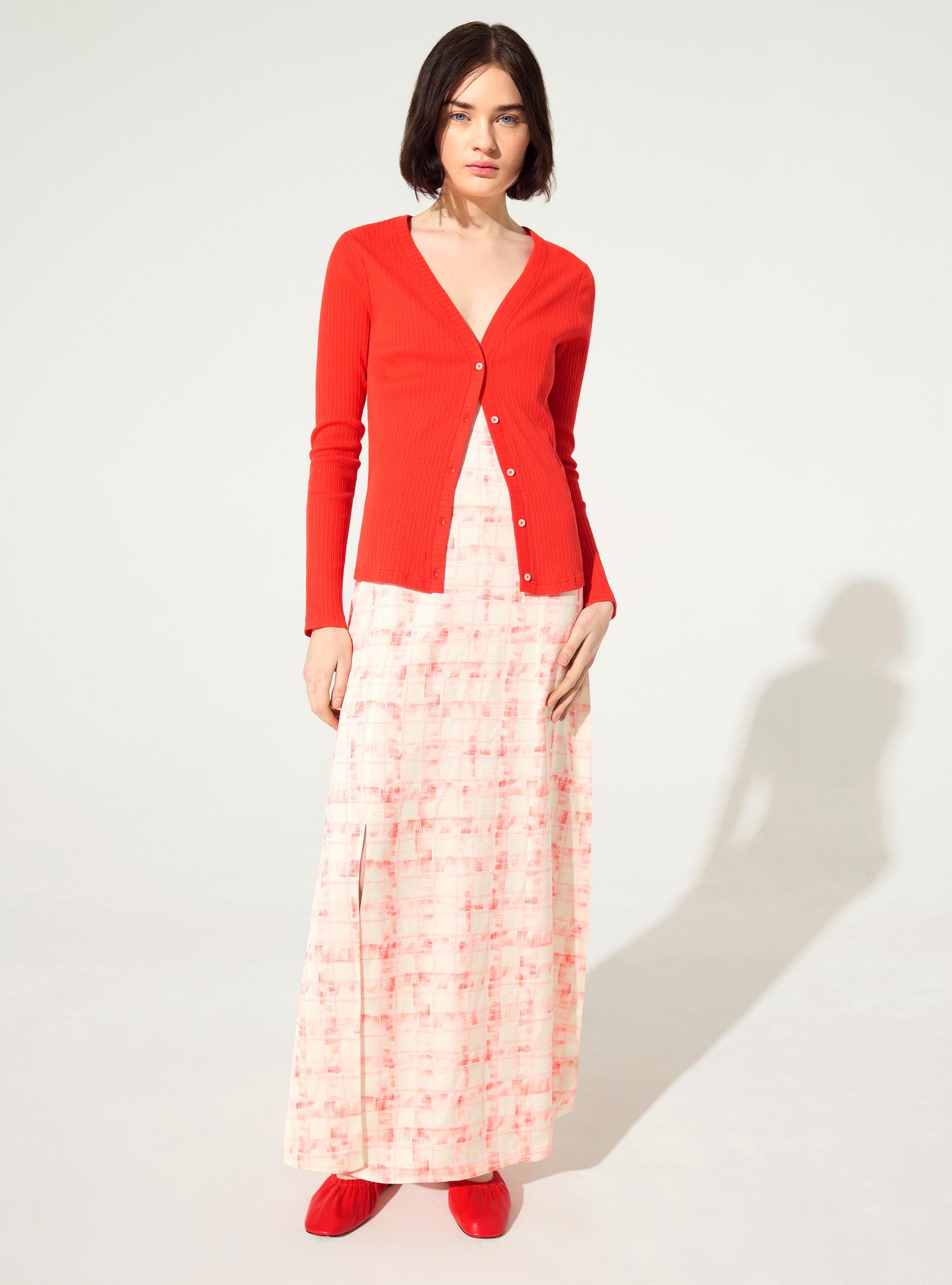 Red Cotton Pleated Fitted Cardigan