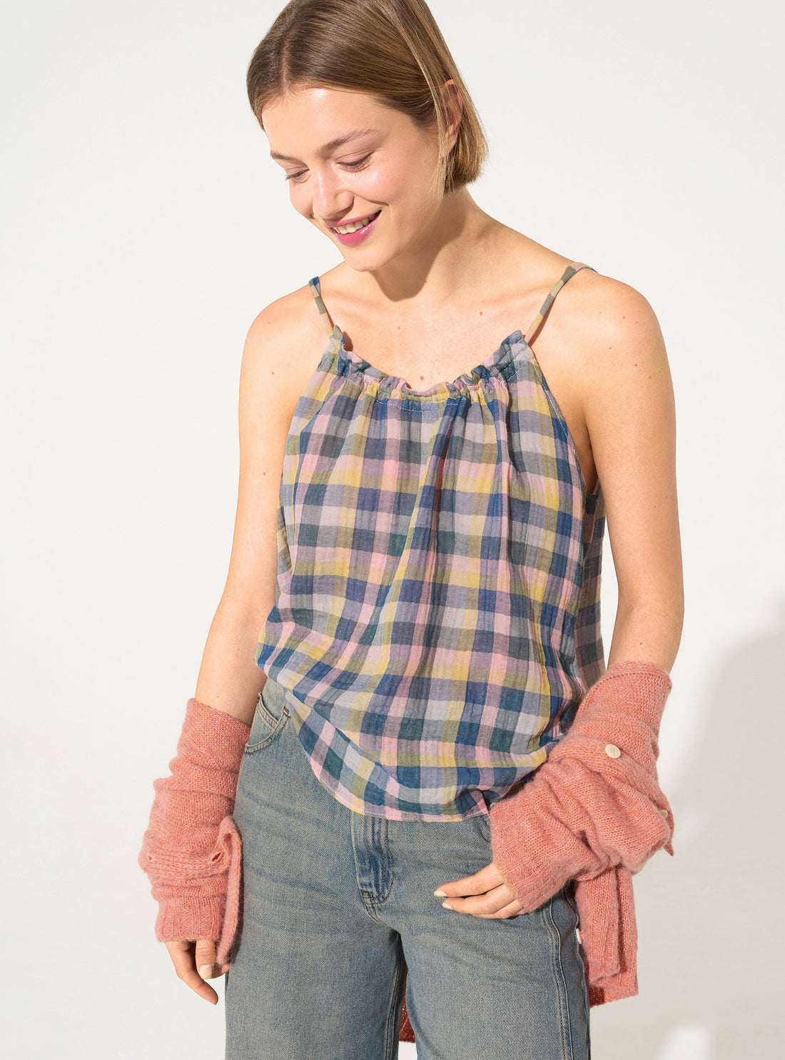 Loose blue cotton tank top