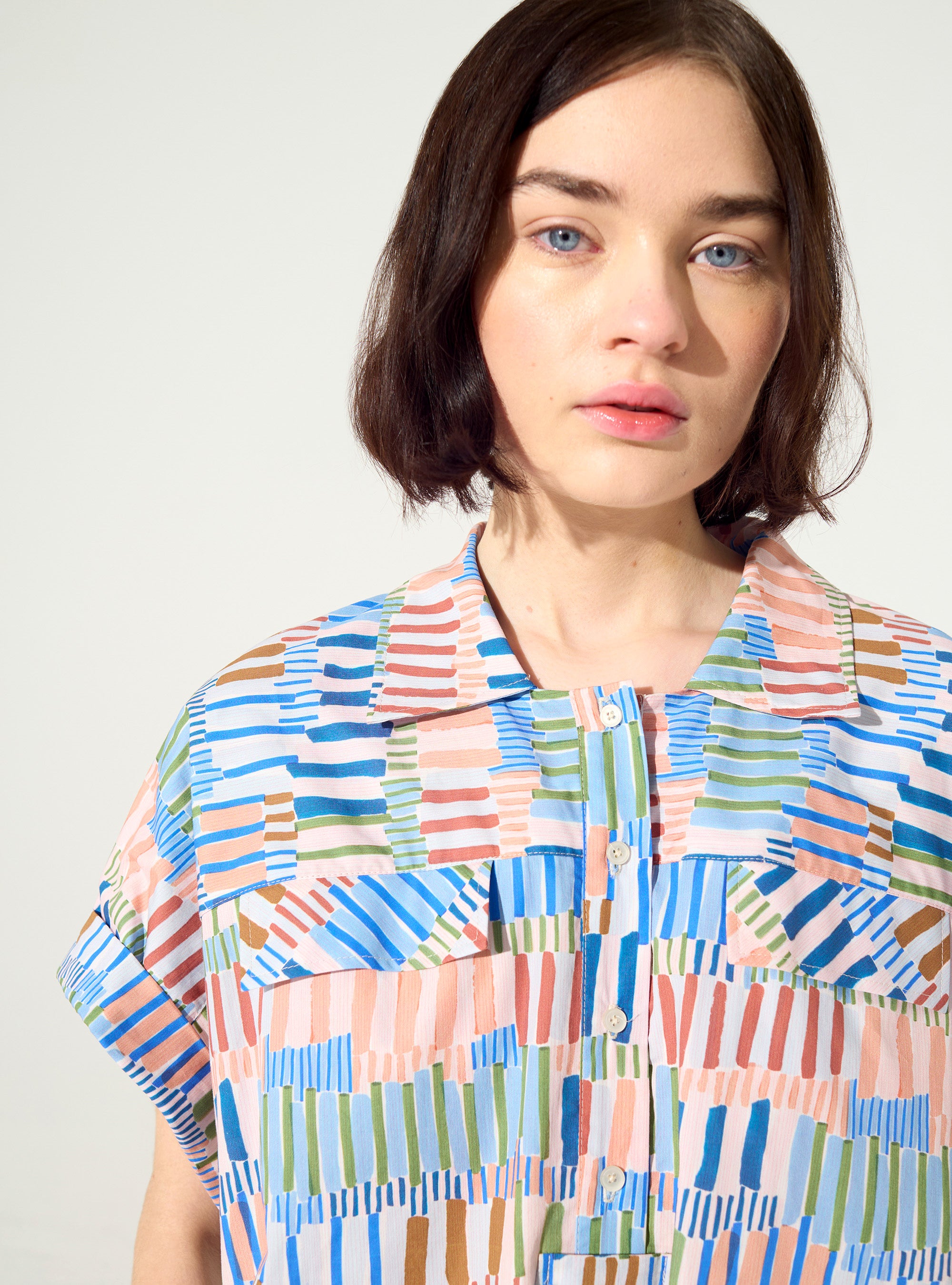 Loose printed dress in blue cotton