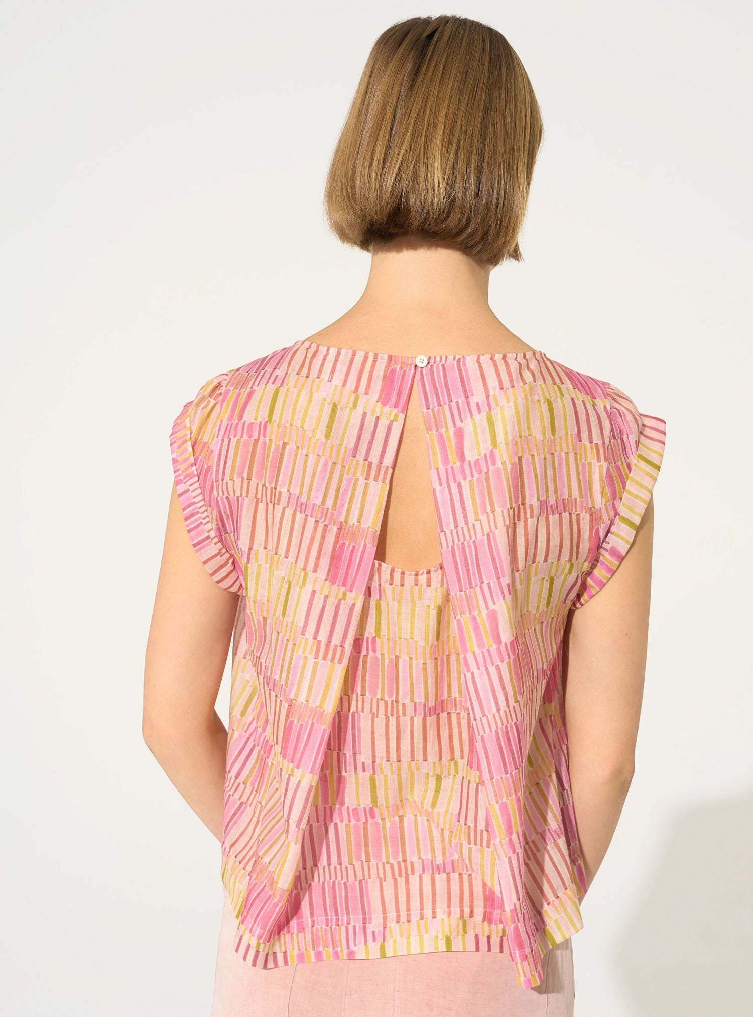 Loose printed blouse in pink cotton and silk