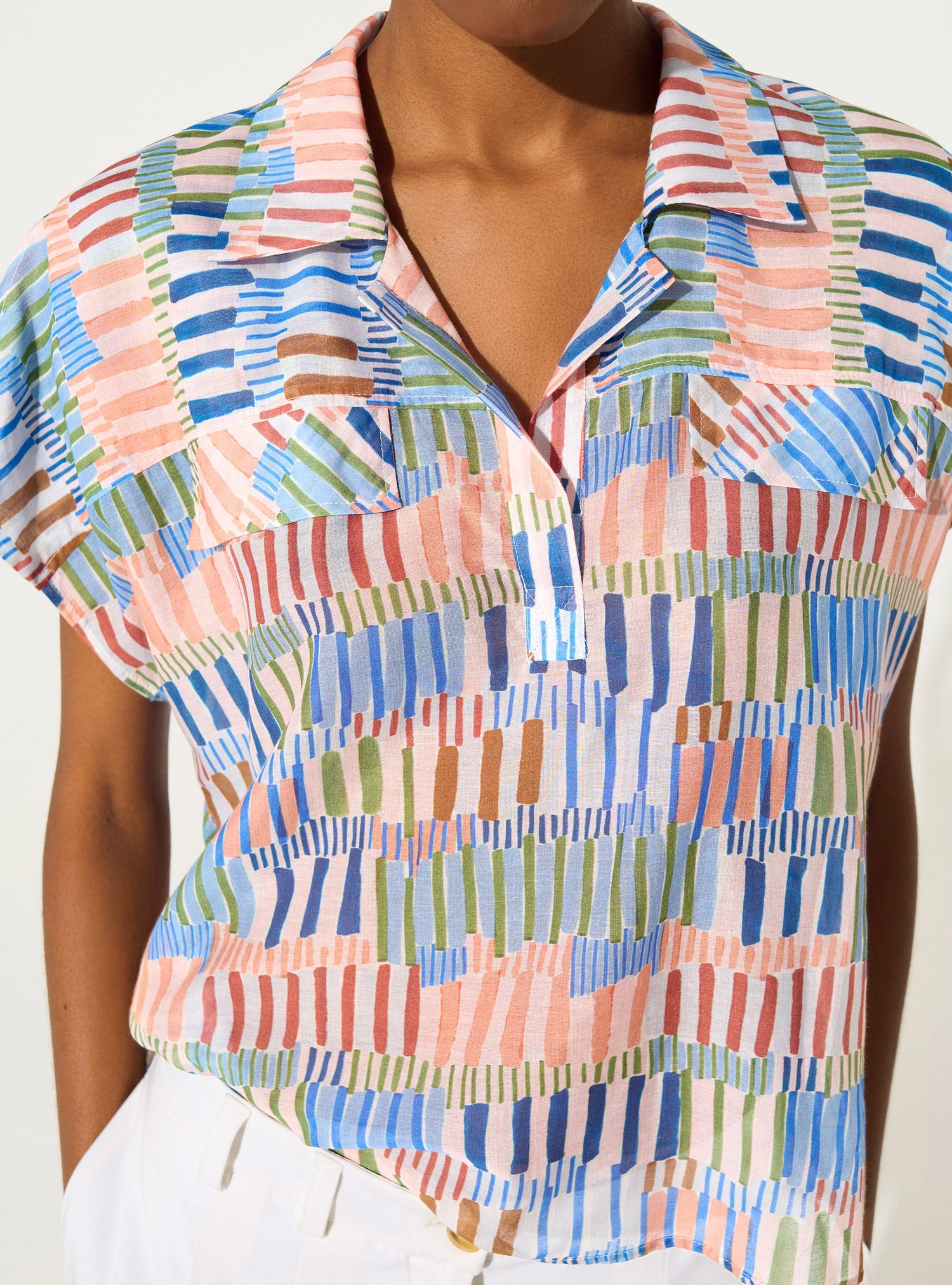 Loose printed blouse in blue cotton and silk