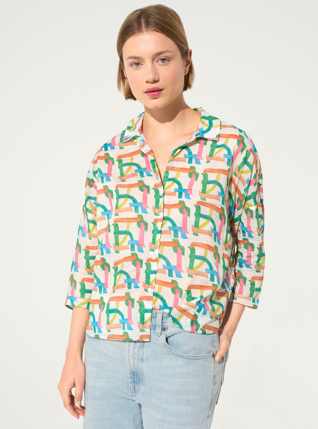 Oversized shirt with white cotton house print