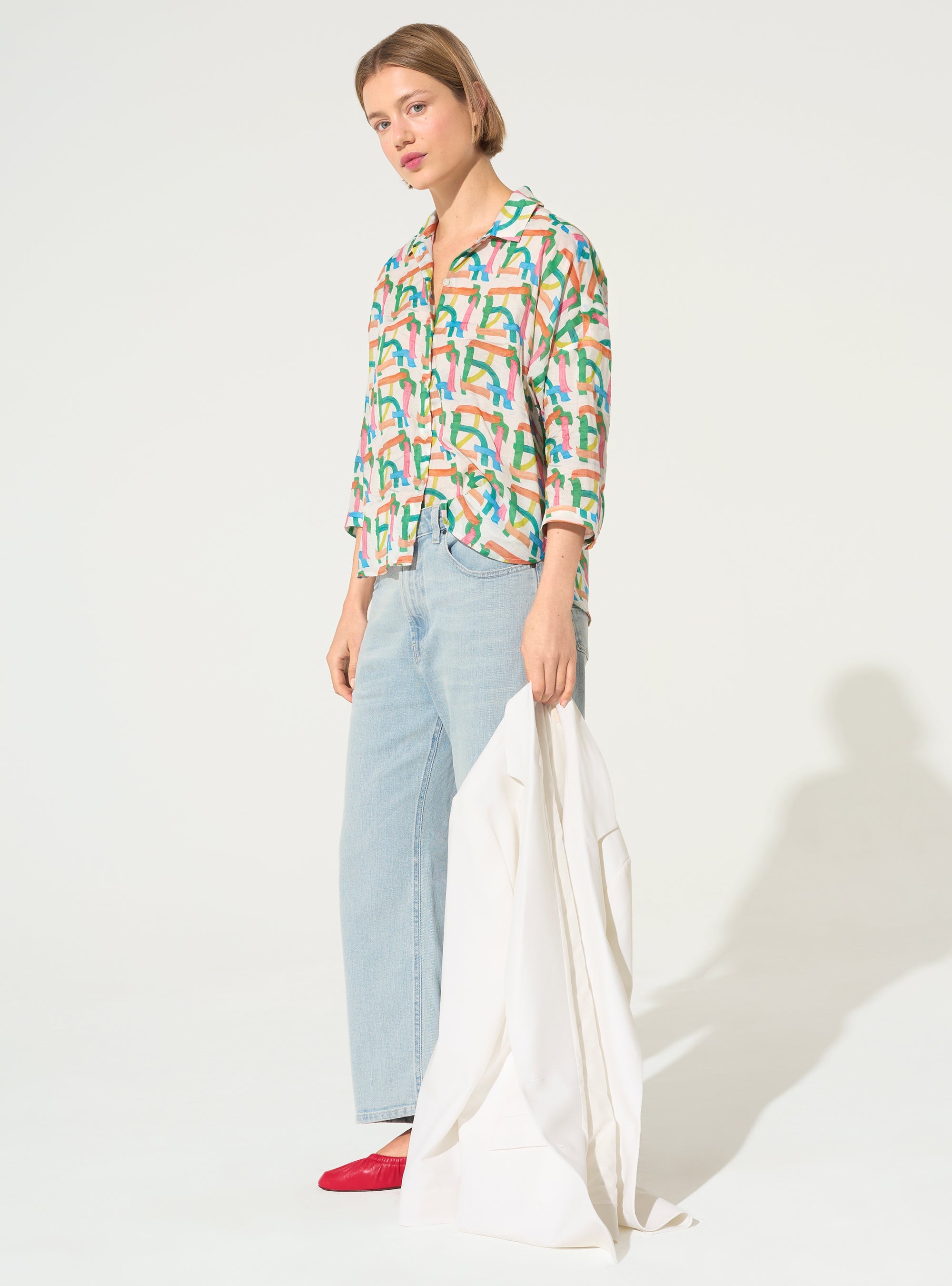Oversized white cotton house print shirt