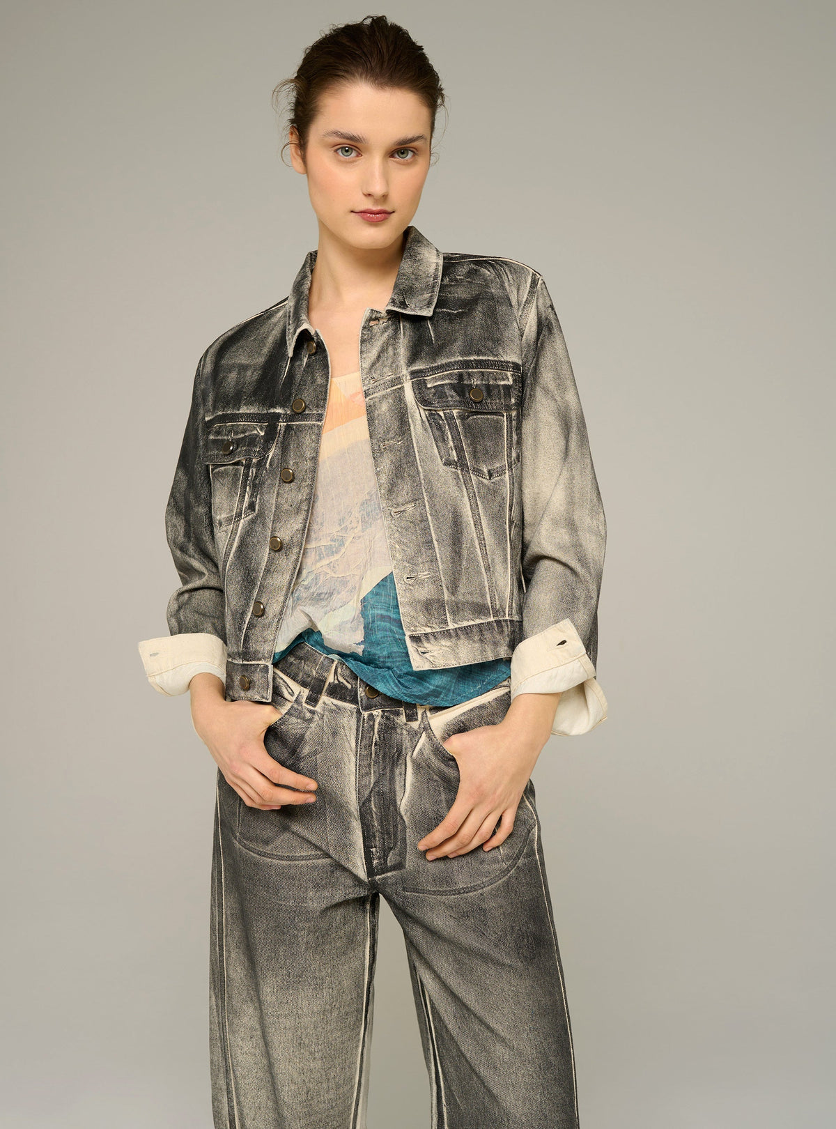 Cotélac acoté Printed short denim jacket