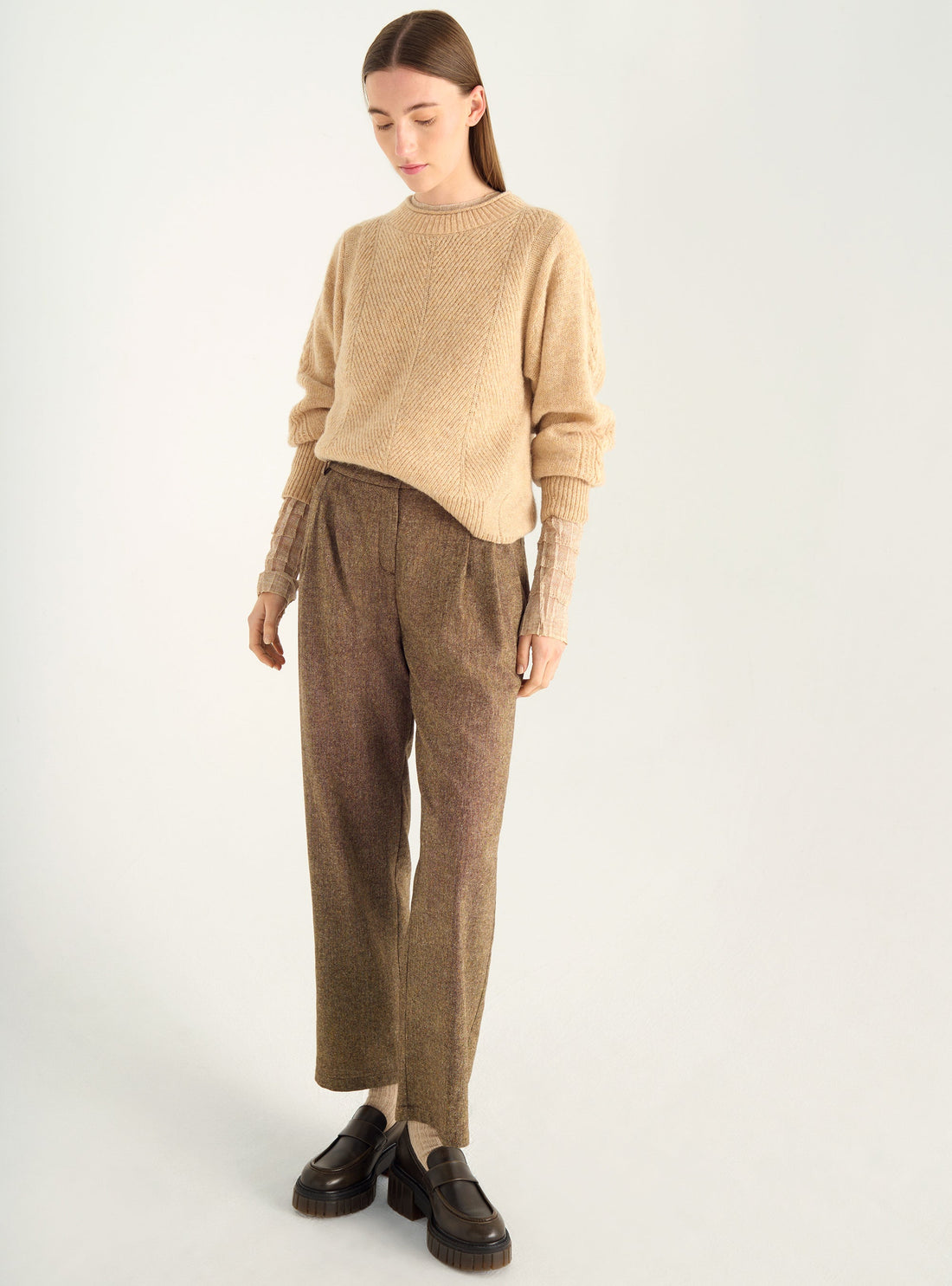 Jacquard wool sweater with worked sleeves – Straight cut
