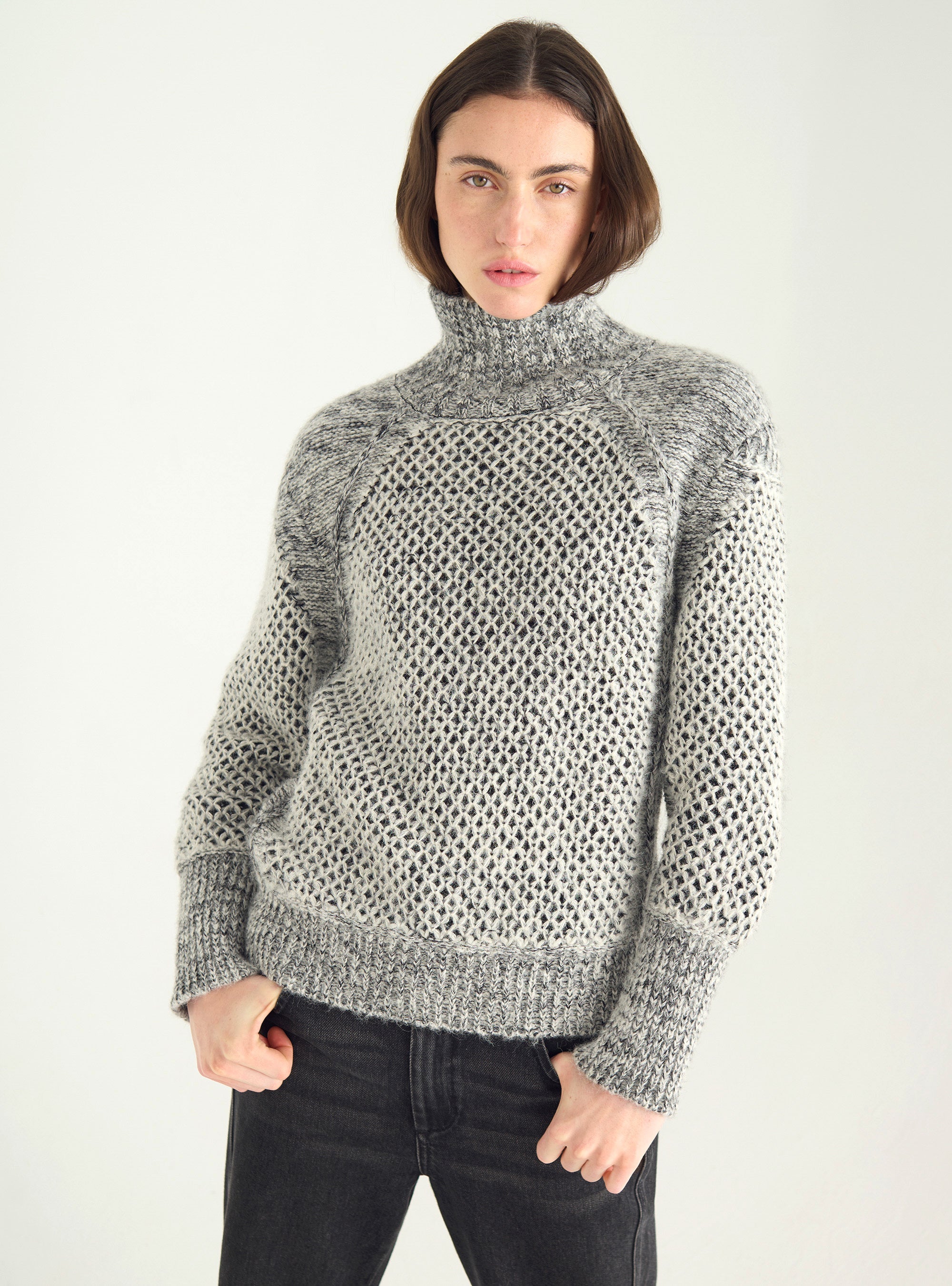 Two-tone sweater with leg-of-mutton sleeves