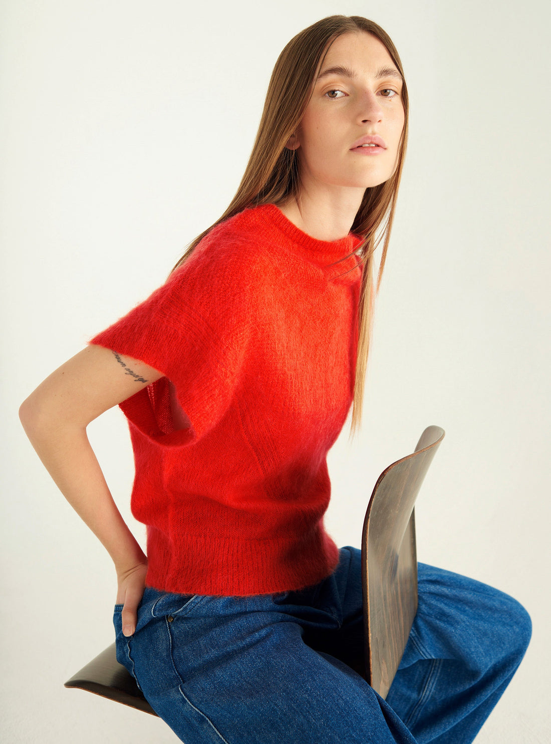 Short-sleeved brushed mohair sweater