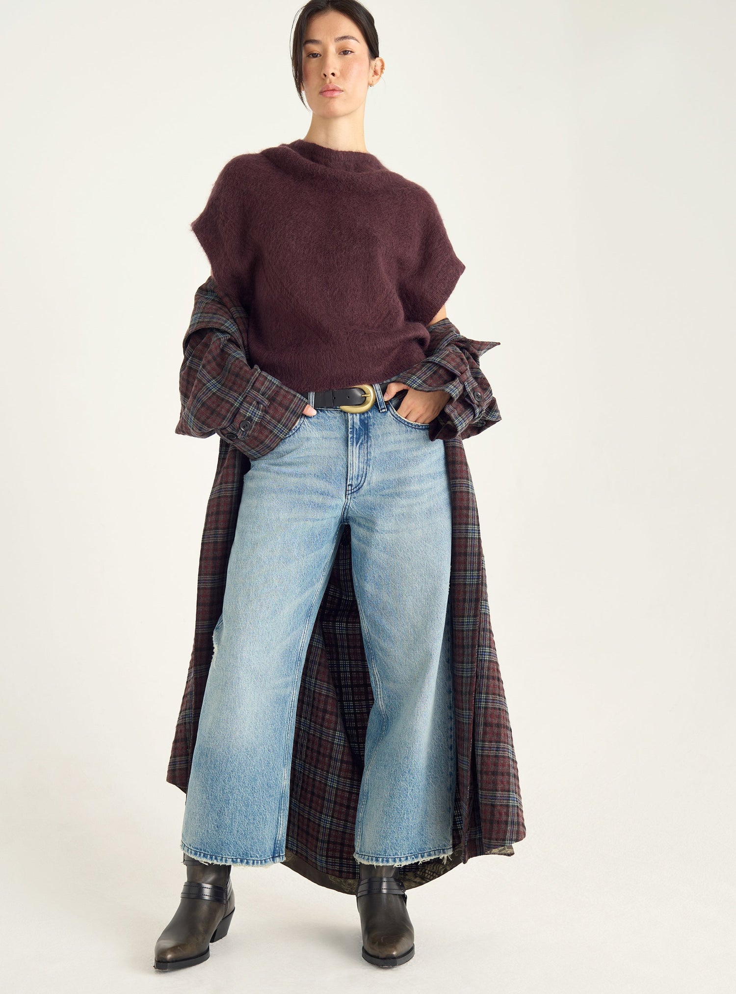 Short-sleeved brushed mohair sweater